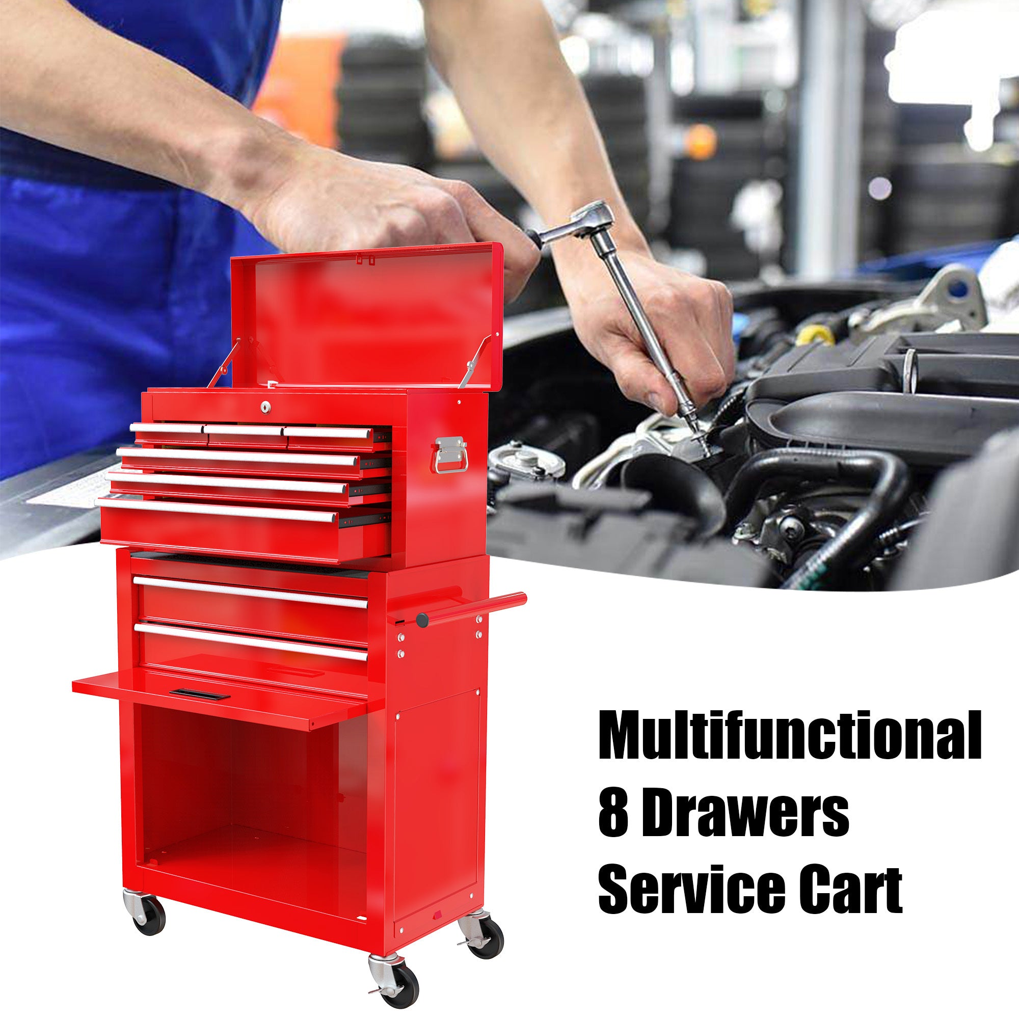 Metal tool storage cabinet on casters — angle view