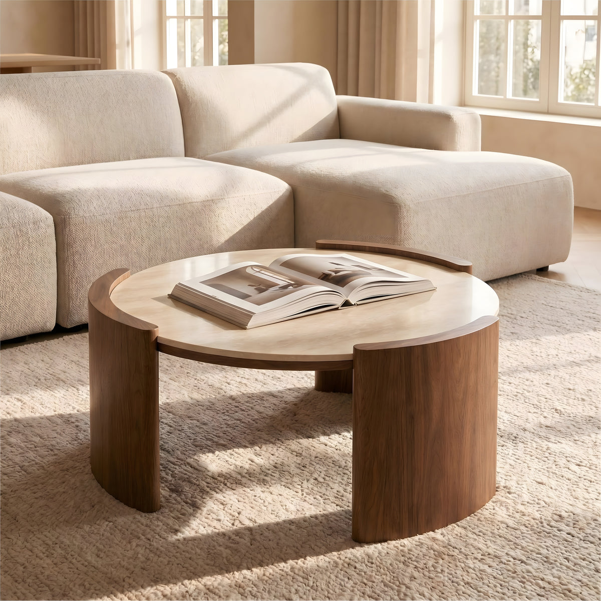 Modern Round Sintered Stone Coffee Table, 31.5-Inch Glossy Travertine Look Center Table with Thick Walnut Slab Legs, Luxury Circular Cocktail Table for Organic Modern Living Room