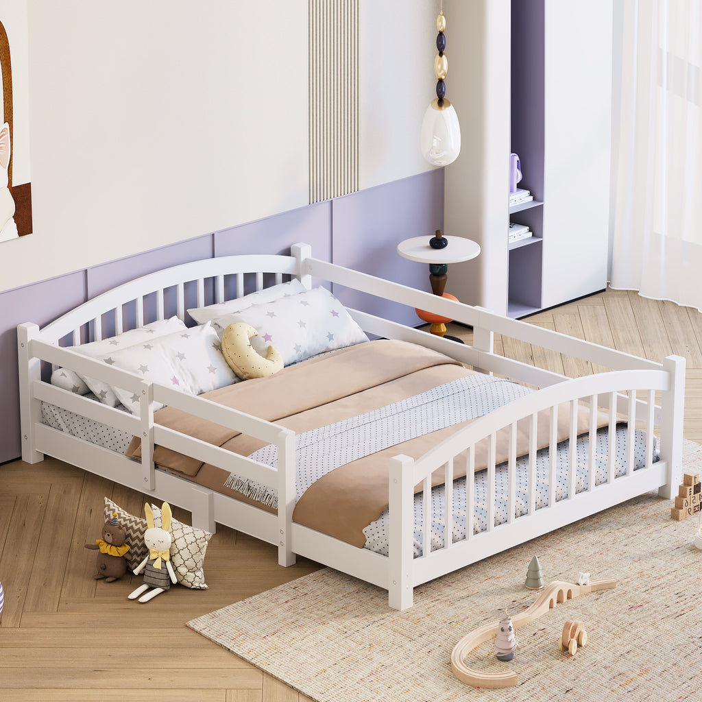 Full Montessori Floor Bed with Slats and Safety Guardrails, Solid Wood Floor Bed with Fence and Without Door, Easy Assemble Montessori Bed for Girls and Boys, Gray