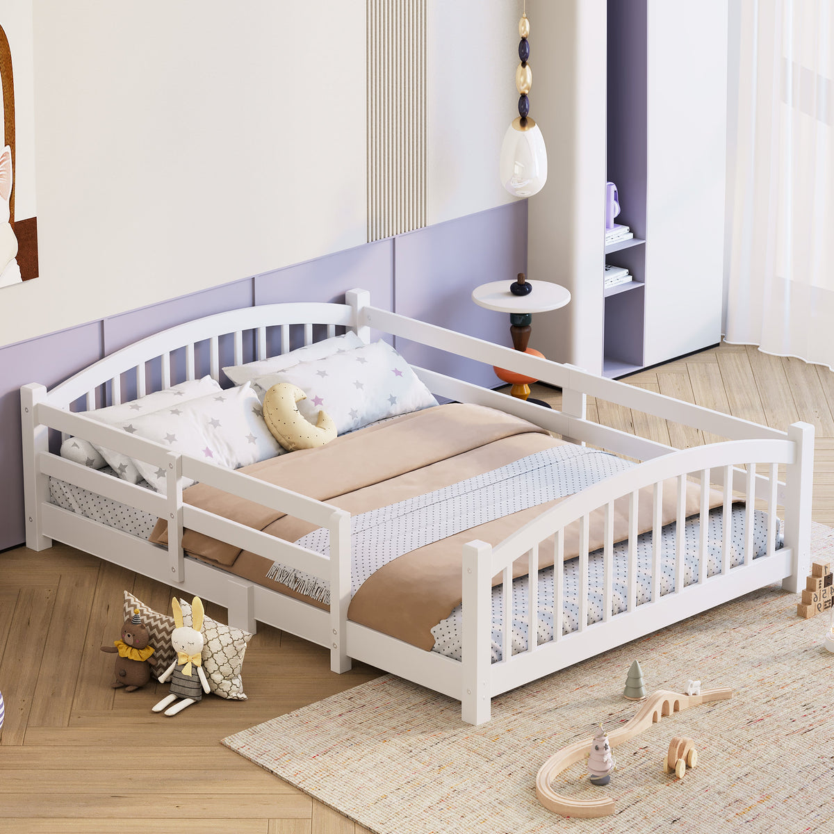 Full Montessori Floor Bed with Slats and Safety Guardrails, Solid Wood Floor Bed with Fence and Without Door, Easy Assemble Montessori Bed for Girls and Boys, Gray