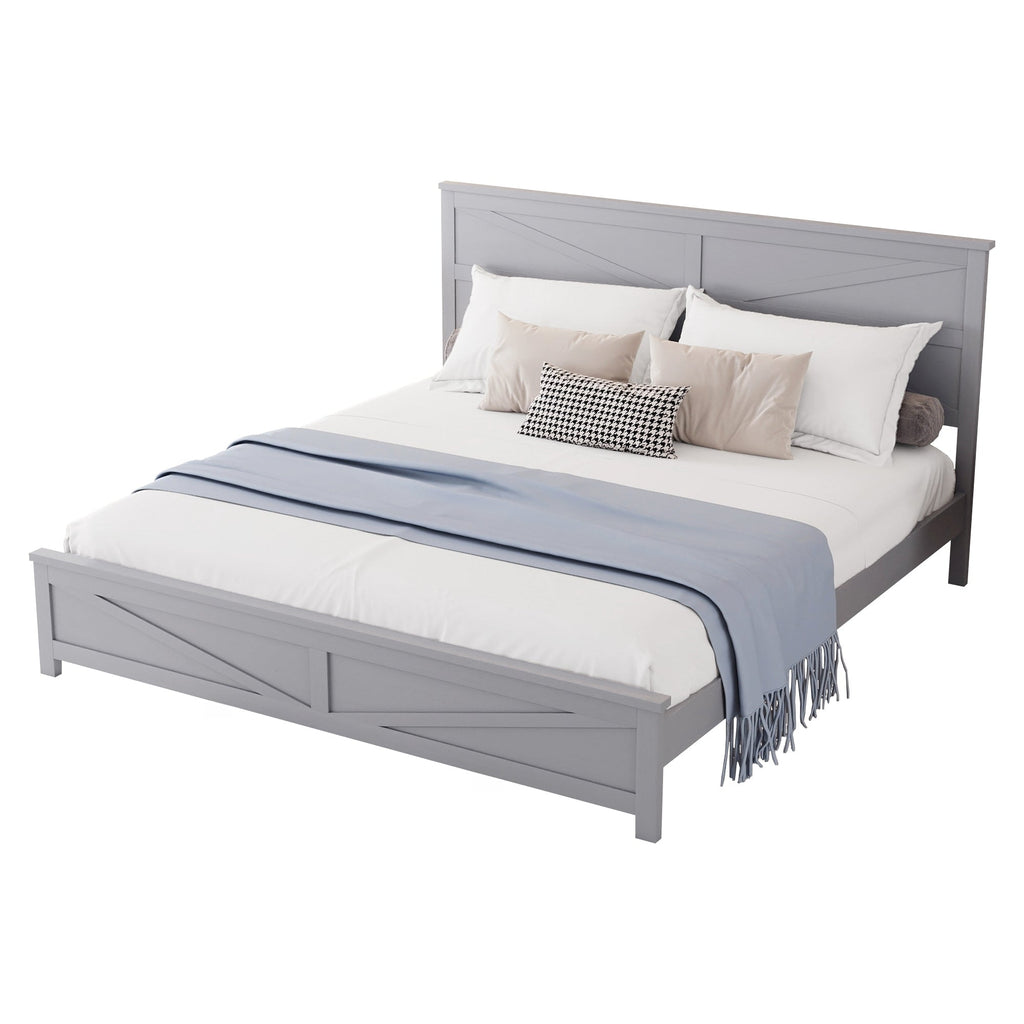 Farmhouse Style King Size Bed with Barn Door Designed Headboard and Footboard, Pinewood Bed with Strengthened Bed Frame,White