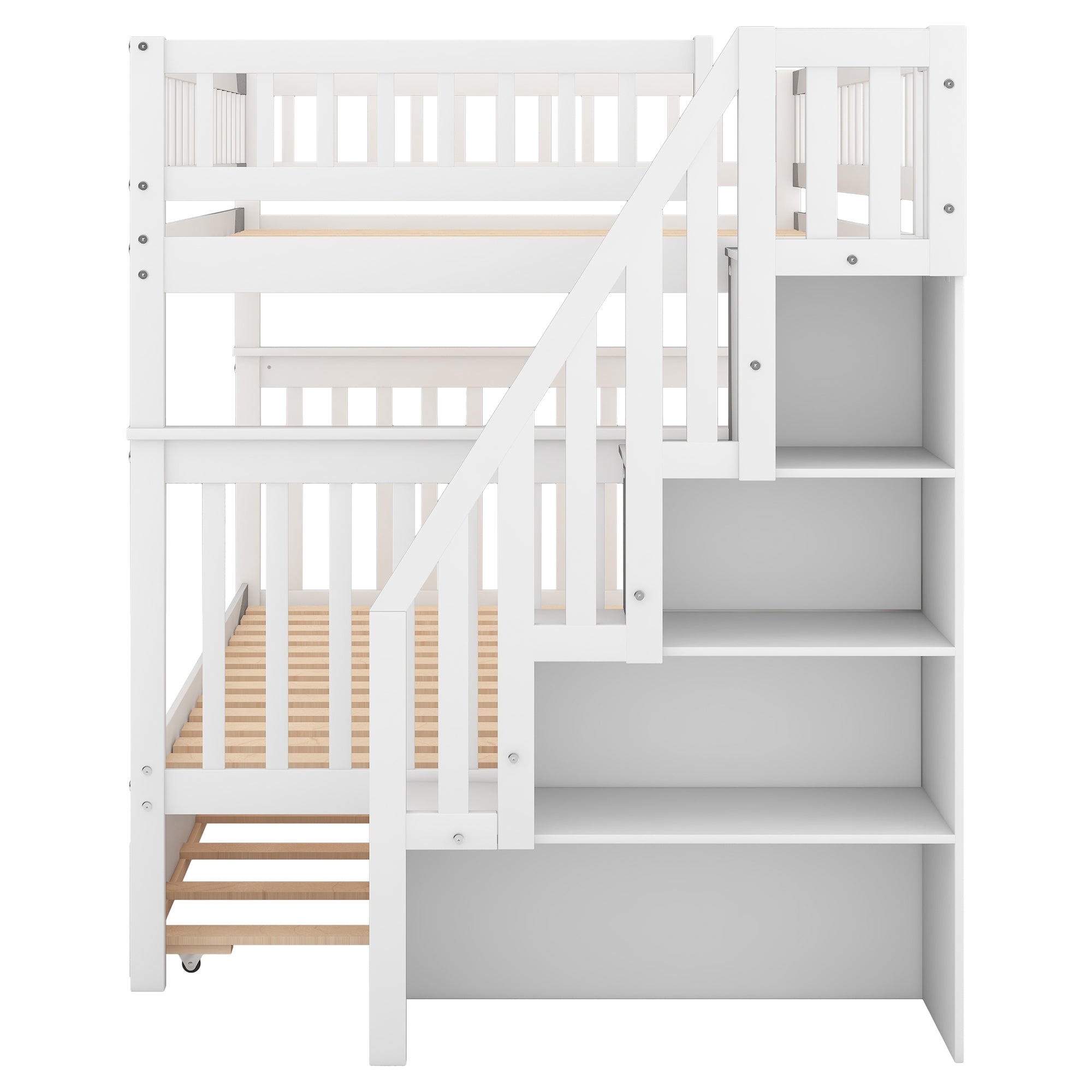 White full over full bunk bed with trundle and staircase — product photo