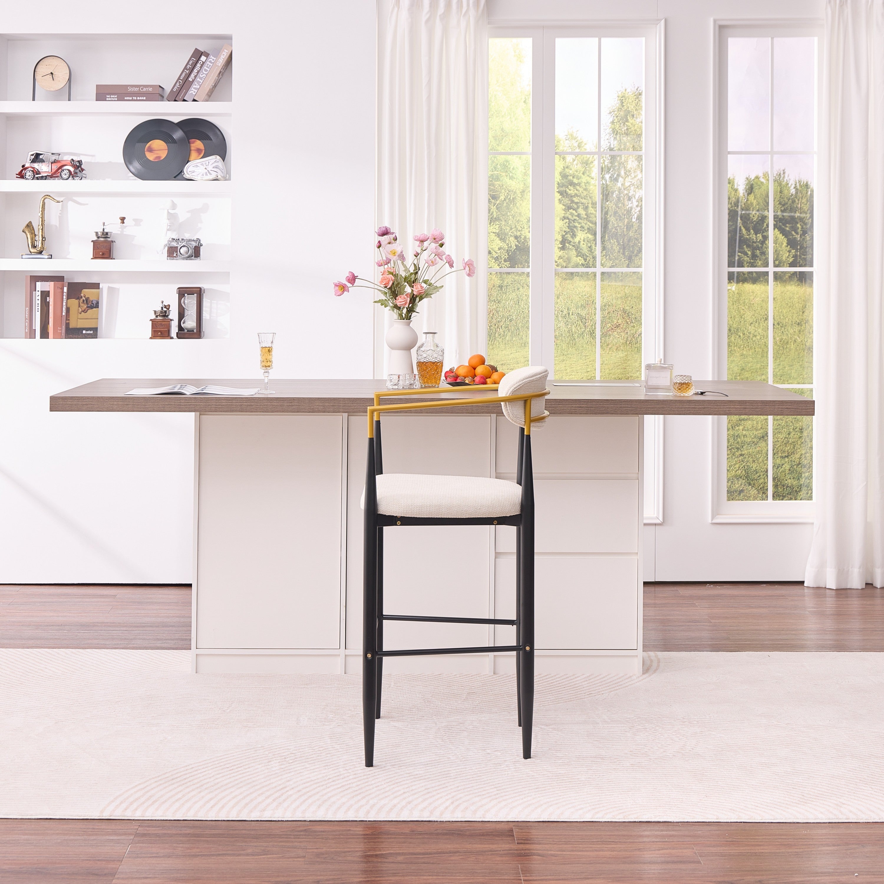 Modern Upholstered Bar Stool with Gold-Accented Armrests - 30' Seat Height,Ergonomic Design for Kitchen Island or Dining Counter Use,Set of 2 - Beige Fabric & Black Metal Frame