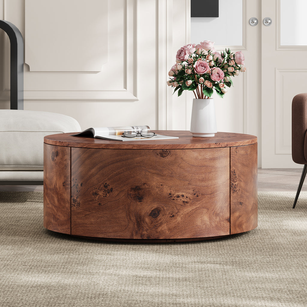Burl Wood Rotating Coffee Table with 2 Drawers, 360° Rotating Top, Walnut, 28.4'