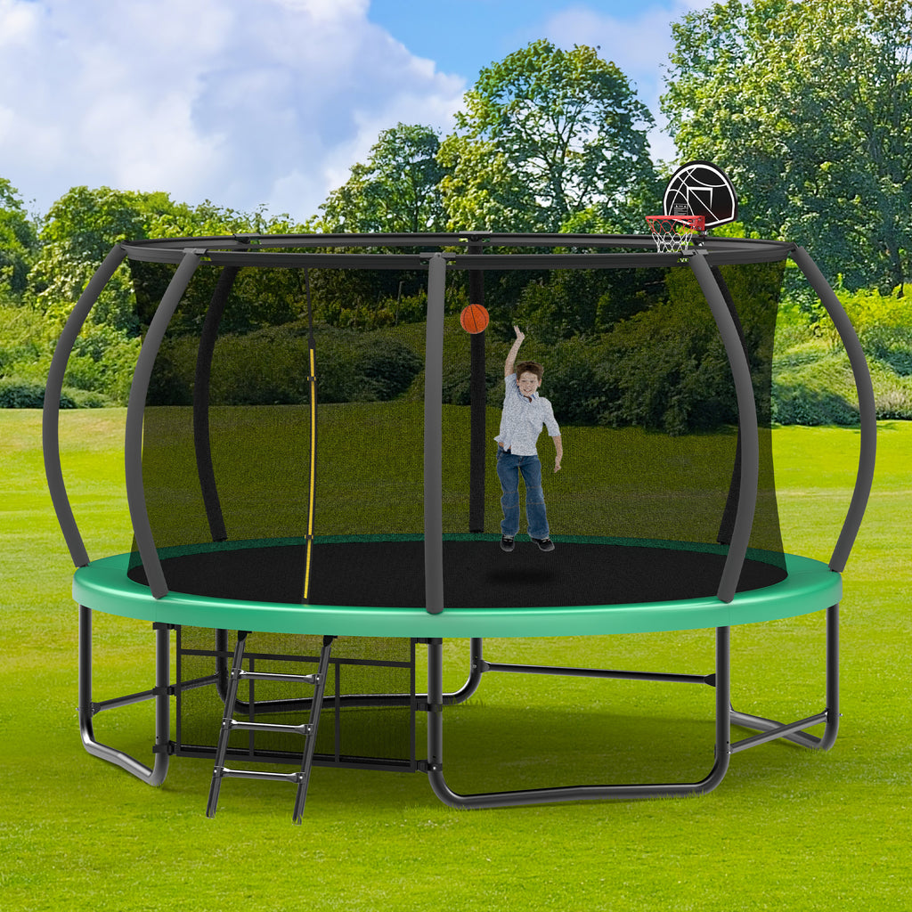 Green 14-foot trampoline 3-step ladder entry access