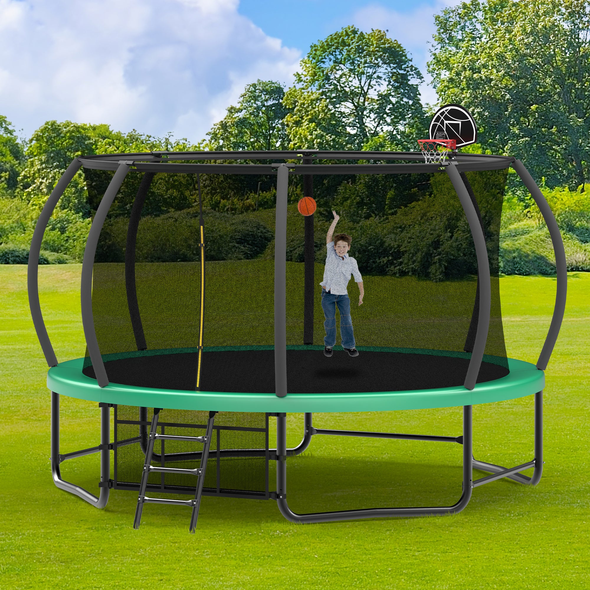 Green 14-foot trampoline 3-step ladder entry access