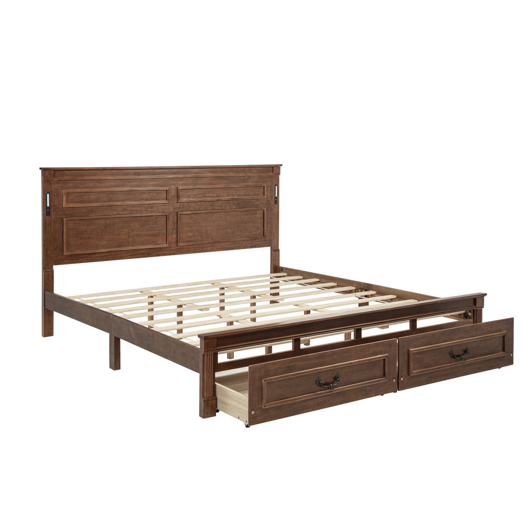 King Size Bed with Tall-Panel Headboard & Footboard, 2 Storage Drawers, Built-in LED Lights, USB Charging Station, Pinewood Bed with Strengthened Bed Frame ,White