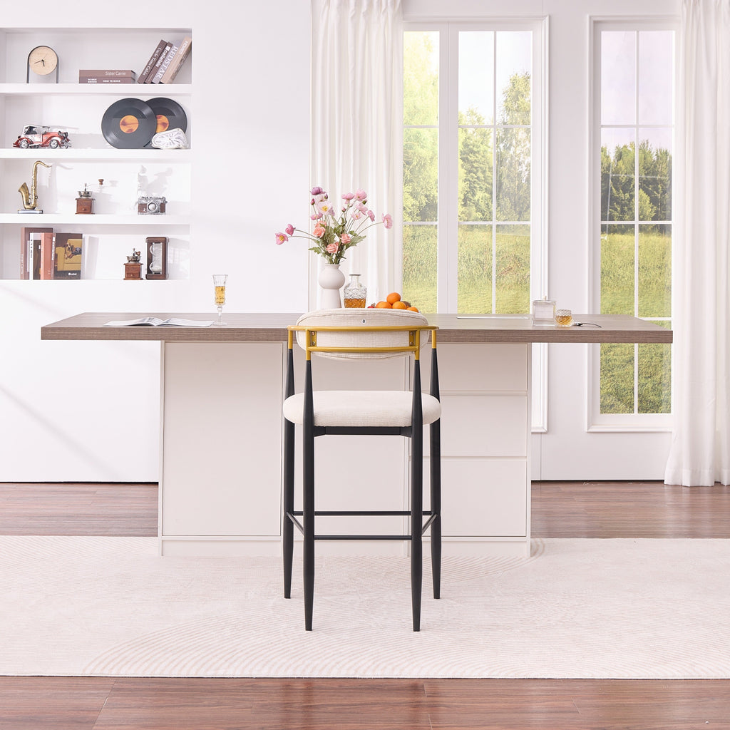 Modern Upholstered Bar Stool with Gold-Accented Armrests - 30' Seat Height,Ergonomic Design for Kitchen Island or Dining Counter Use,Set of 2 - Beige Fabric & Black Metal Frame