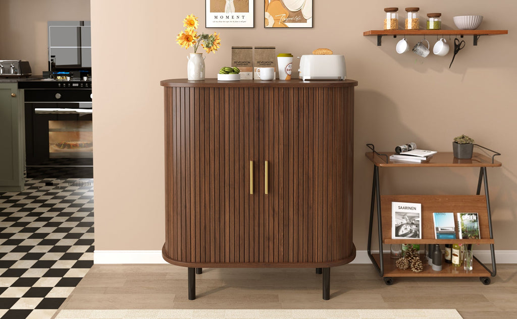 28' Fluted Wine Bar Cabinet with 8-Grid Wine Rack, 5-Level Adjustable Shelves, 2 Glass Holders, Smoothly Sliding Tambour Doors, 4 Hidden Storage Space on the Side, Modern Liquor Coffee Station, Black