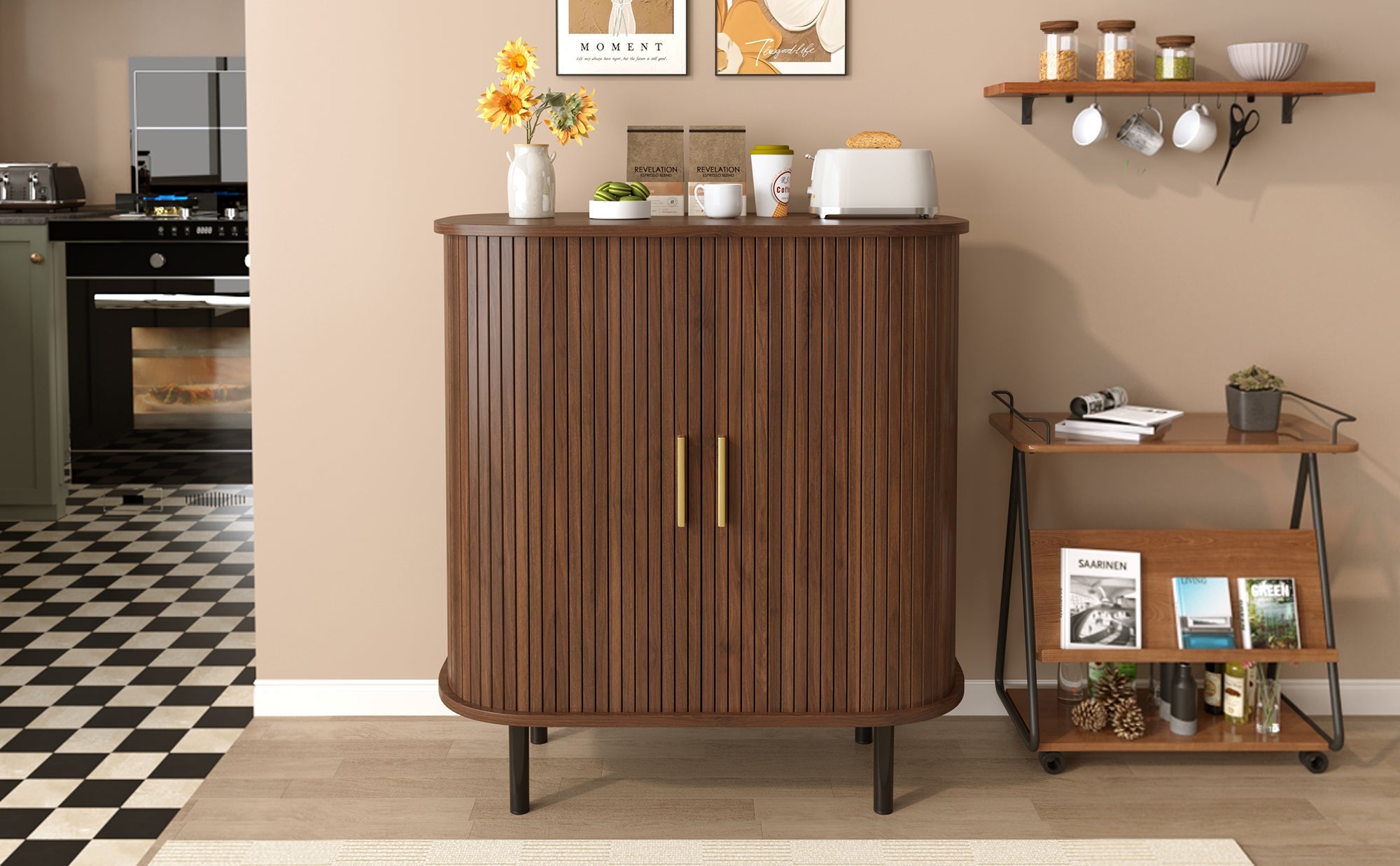 28' Fluted Wine Bar Cabinet with 8-Grid Wine Rack, 5-Level Adjustable Shelves, 2 Glass Holders, Smoothly Sliding Tambour Doors, 4 Hidden Storage Space on the Side, Modern Liquor Coffee Station, Black