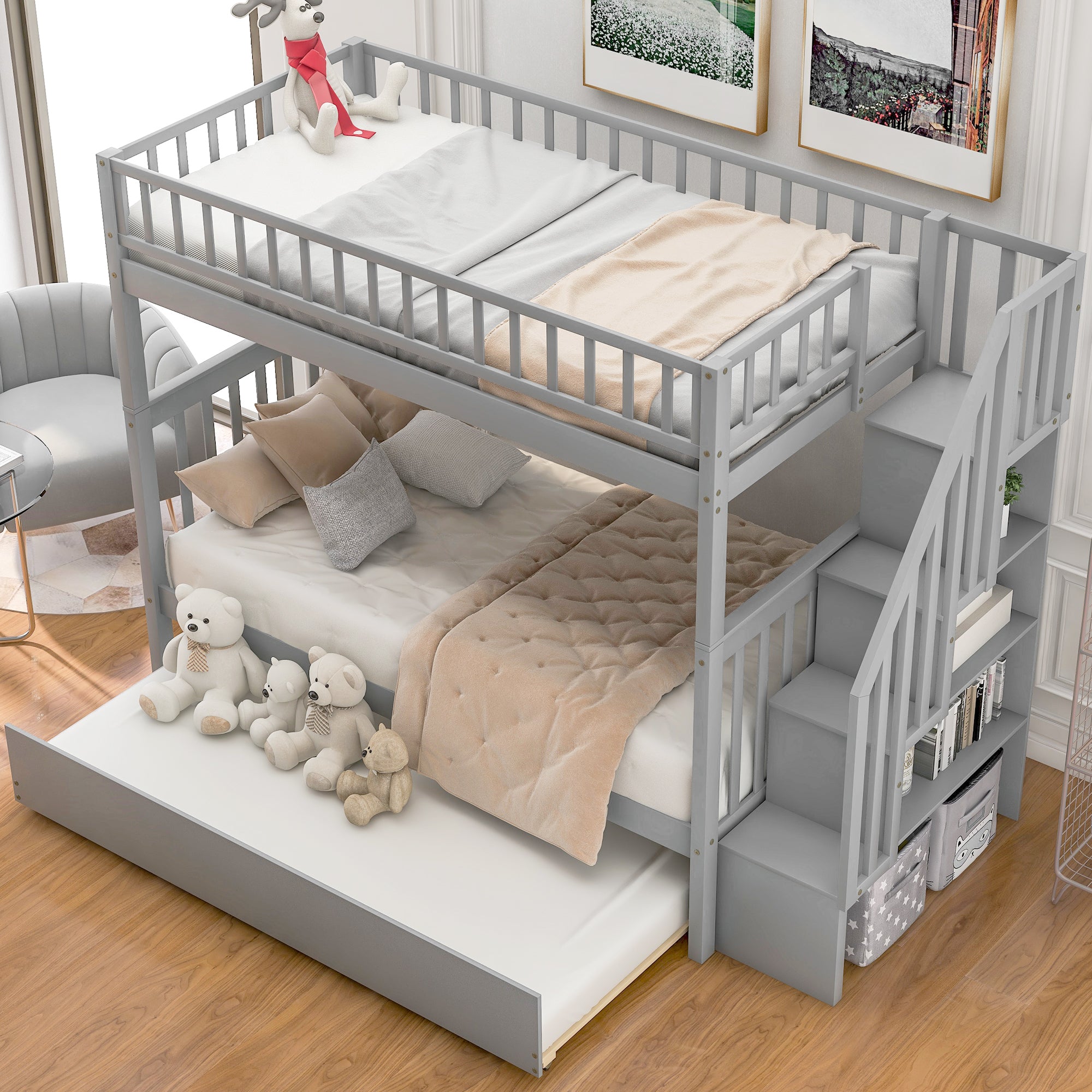 Bunk bed side storage shelves and ladder detail