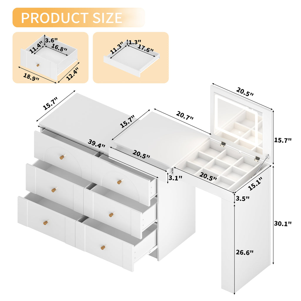 Vanity Desk with Mirror and Lights, Makeup Vanity Table with Flip-Top Tabletop and Storage 7 Drawers, 9 Compartments, 3 Shelves, 3 Color Modes Adjustable Makeup Table for Bedroom, Walnut (N733P279096)
