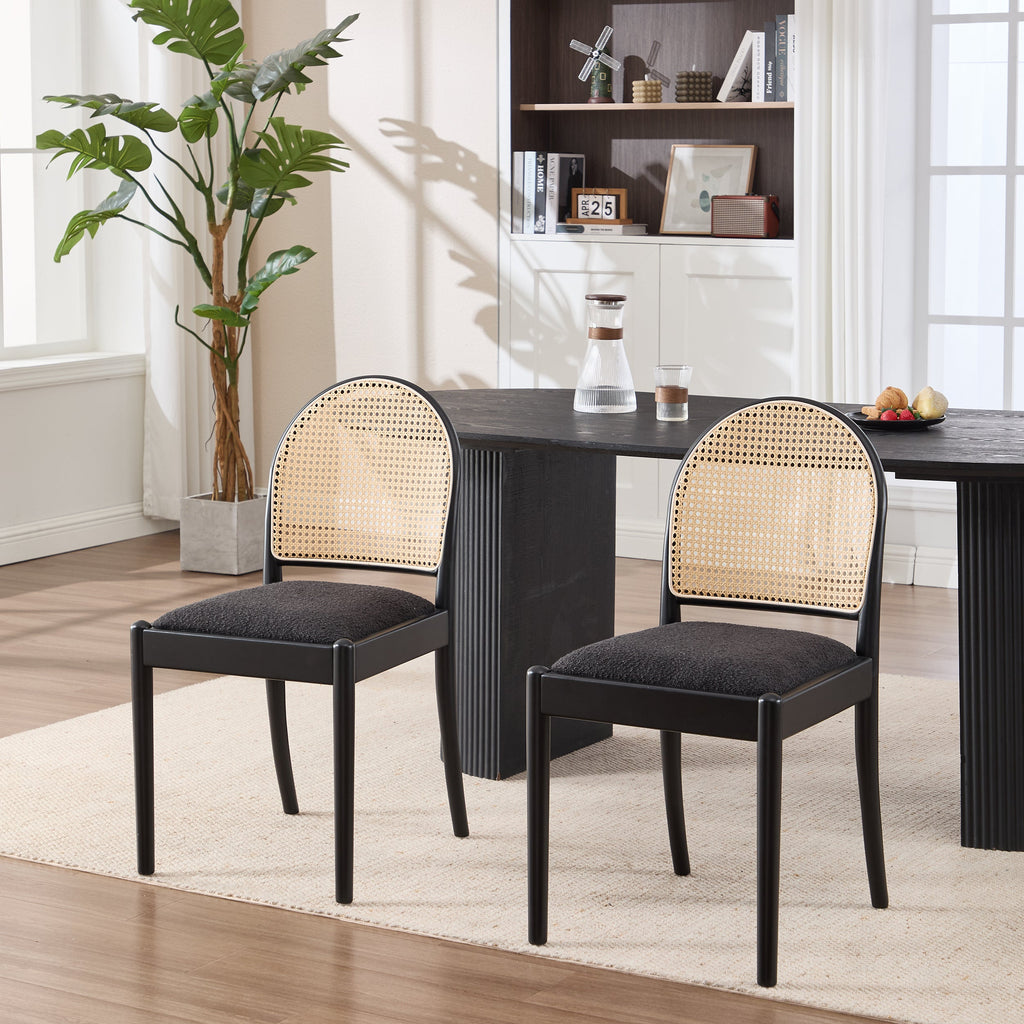 Rattan Dining Chairs Set of 2, Upholstered Linen Dining Room Chairs with Backrests, Modern Kitchen Chairs with Wood Legs for Dining Room, Beige