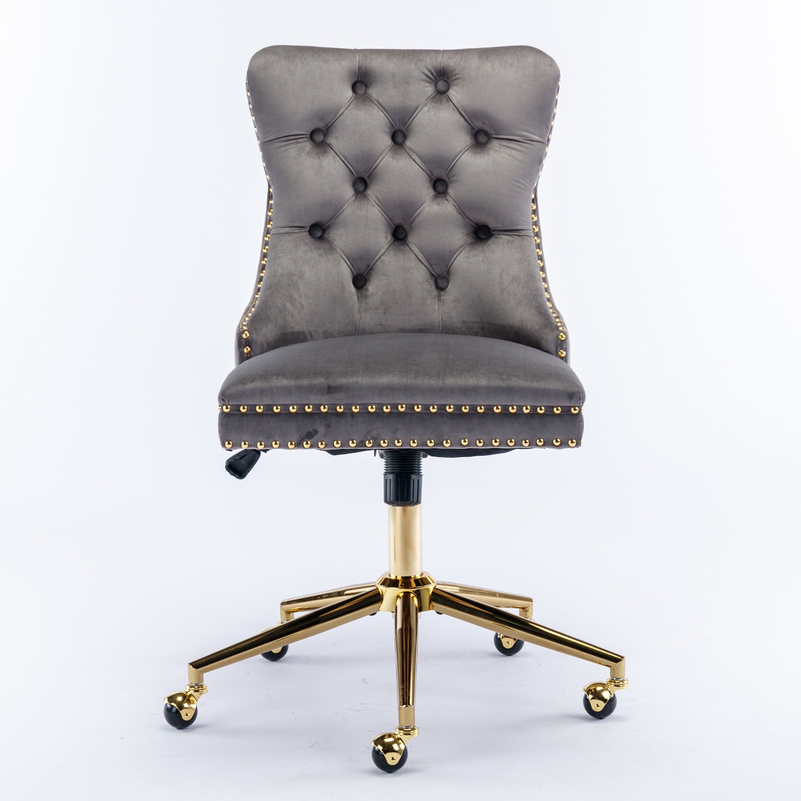Gray office chair with gold metal legs and swivel wheels