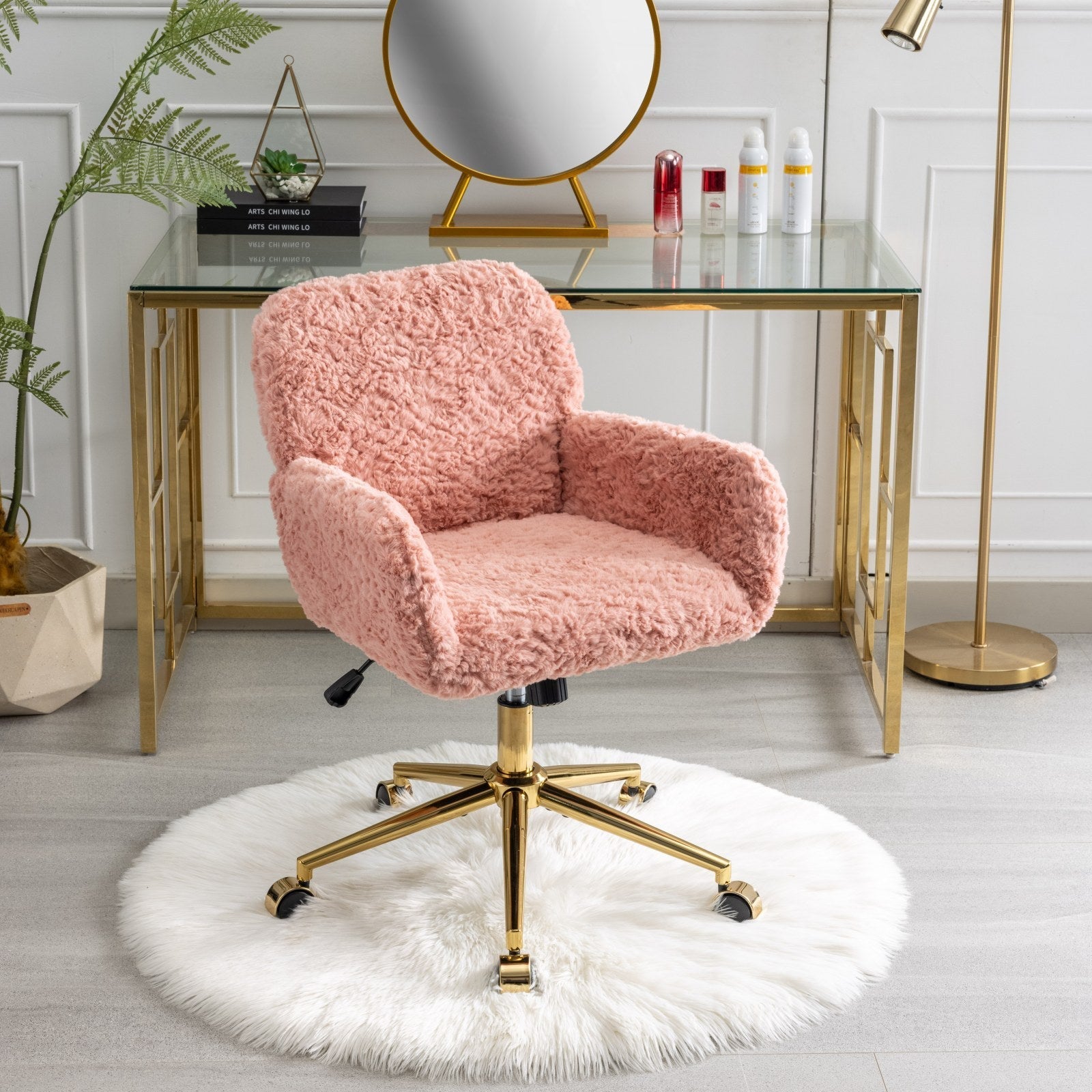 Faux Fur Office Chair — 40° Reclining with Gold Metal Base & Wheels