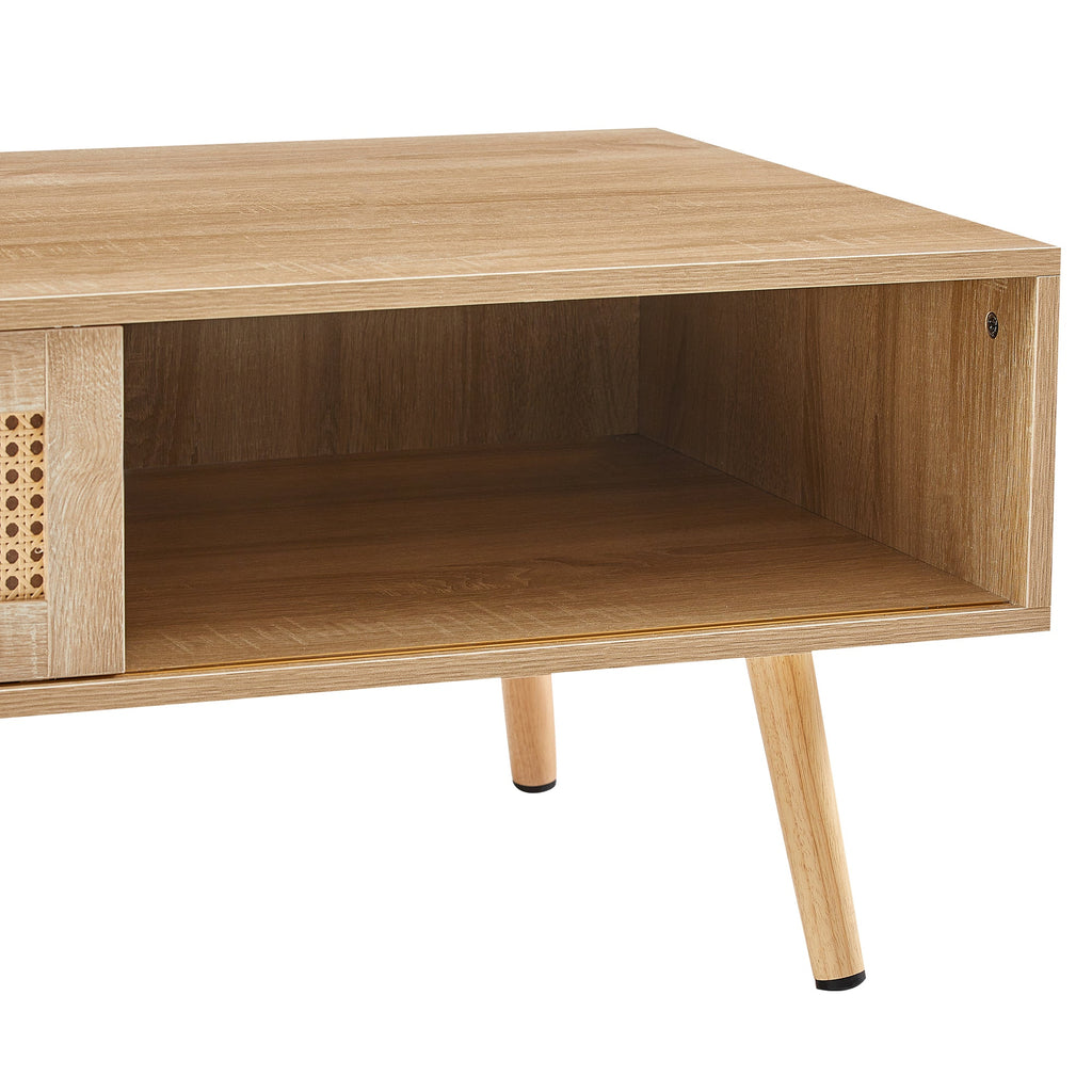 Rattan Coffee Table — Sliding Door Storage & Solid Wood Legs
