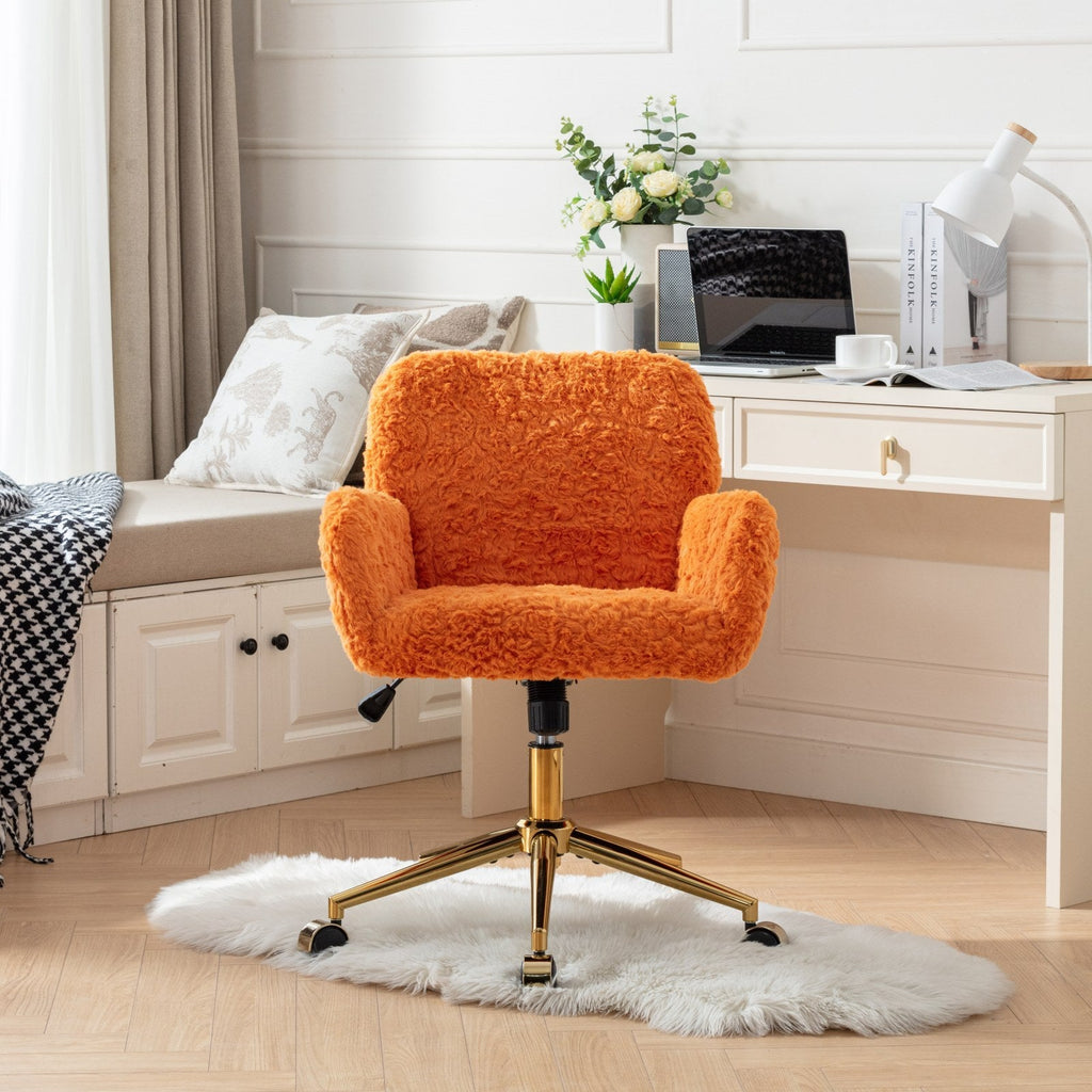 Faux Fur Office Chair — 40° Reclining with Gold Metal Base & Wheels