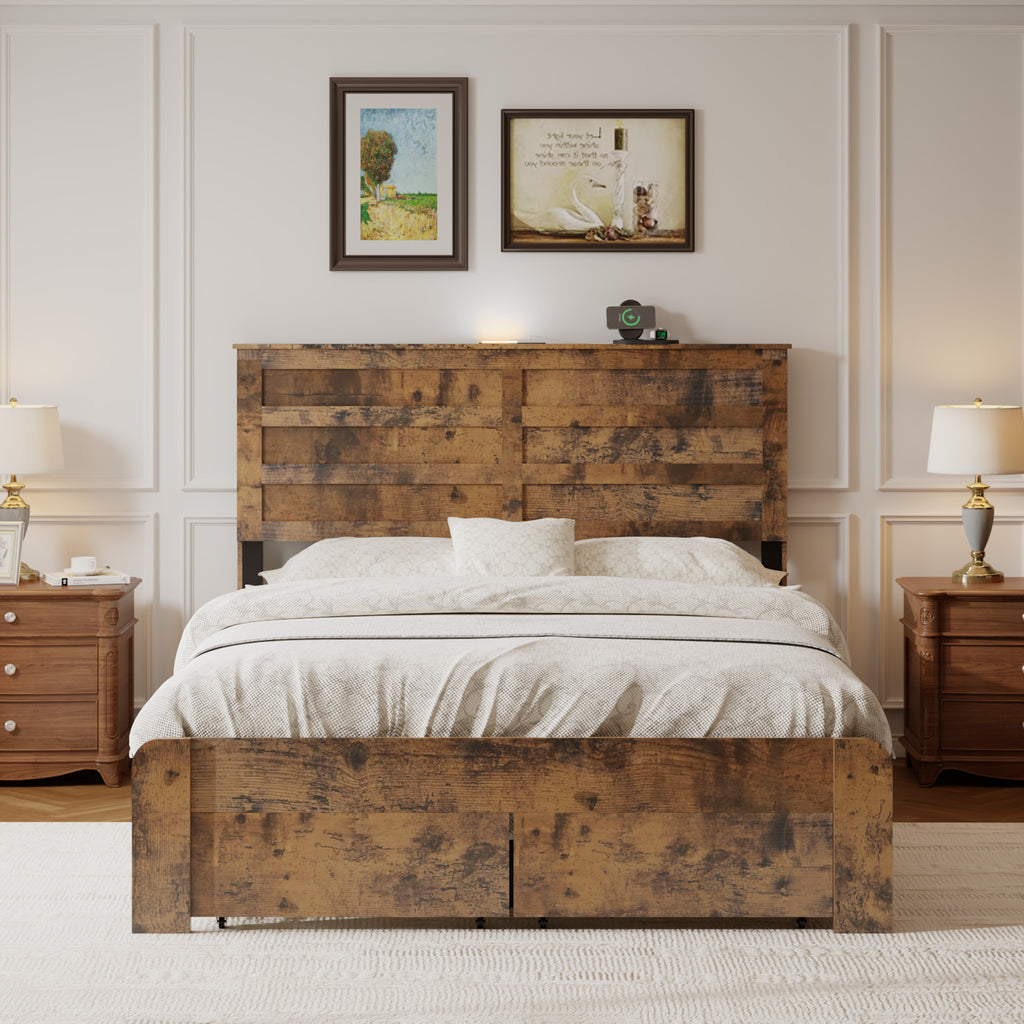Full-size Rustic Platform Bed Frame with LED Lighting Headboard, Built-in USB & Type-C Charging Station, Under-Bed Storage Drawers, Heavy Duty Metal Slats, No Box Spring Needed, Industrial, Dark Brown