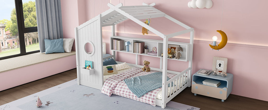 Twin Size Floor House Bed for Toddler, Kids Montessori Bed with Storage Shelf, Playhouse Bed with Roof Design, Gray