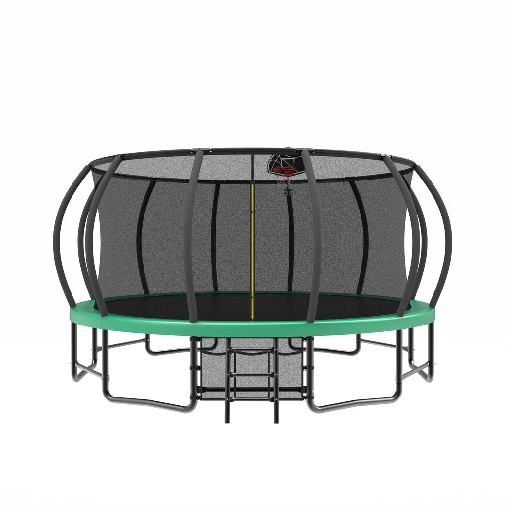 Green 15-foot pumpkin-shaped trampoline with basketball hoop — front view