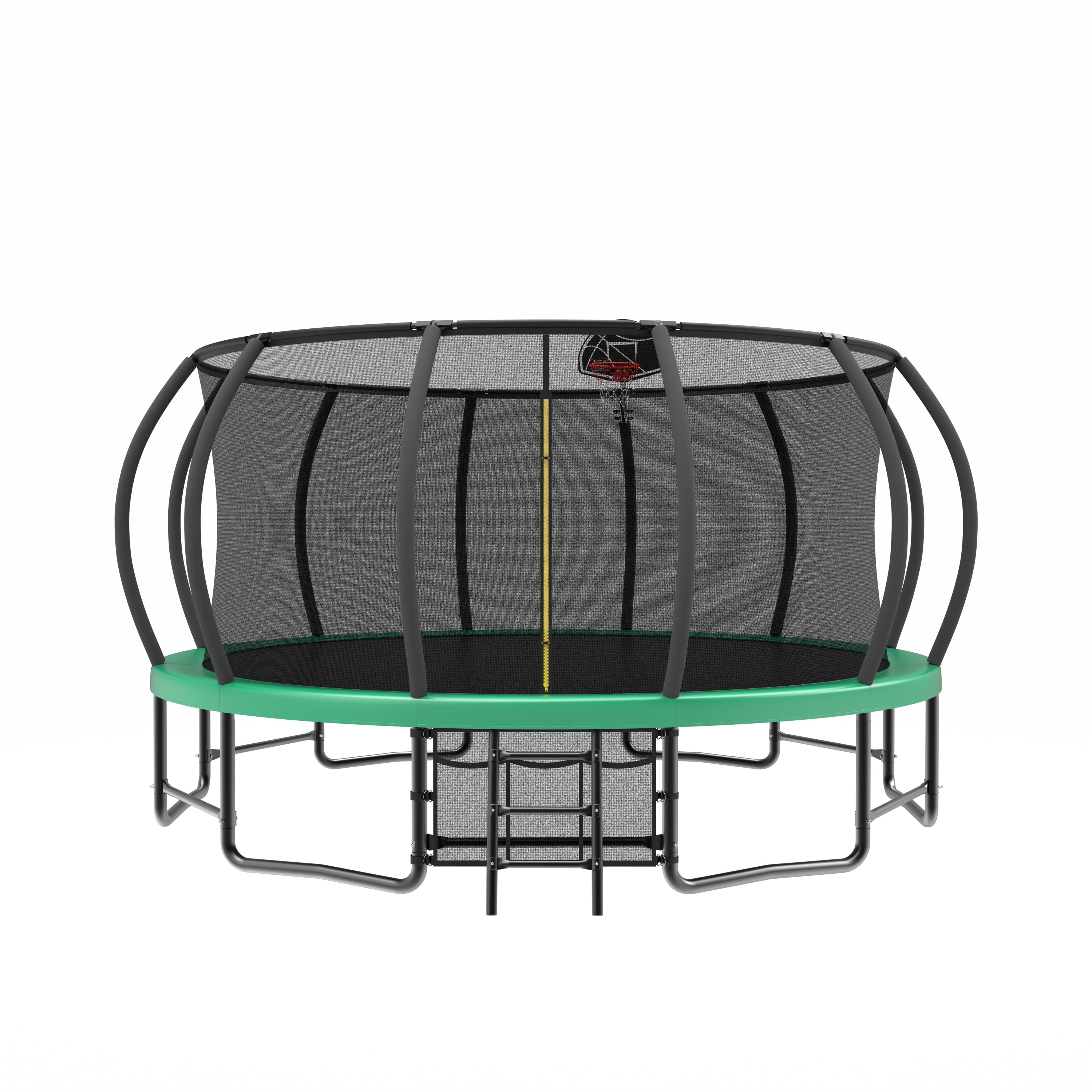 Green 15-foot pumpkin-shaped trampoline with basketball hoop — front view