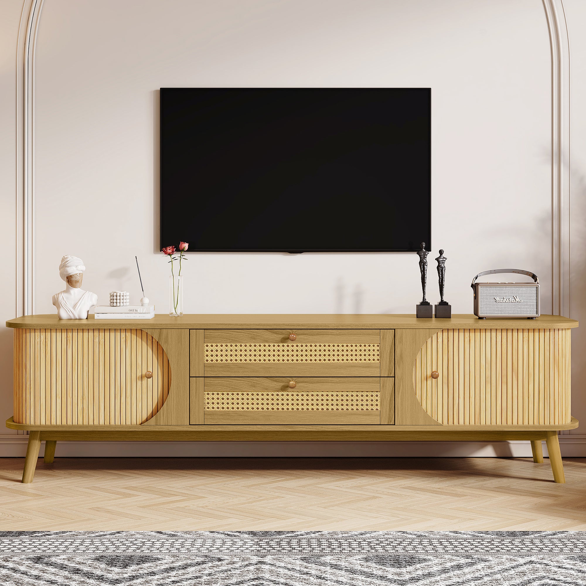 Sliding door cabinet on farmhouse media console