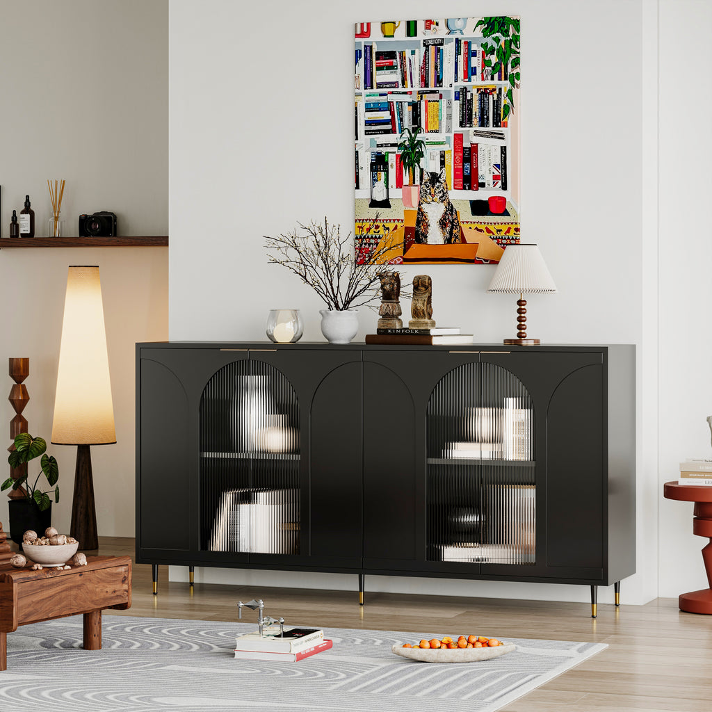 Black glass door sideboard tempered fluted panels — angle view