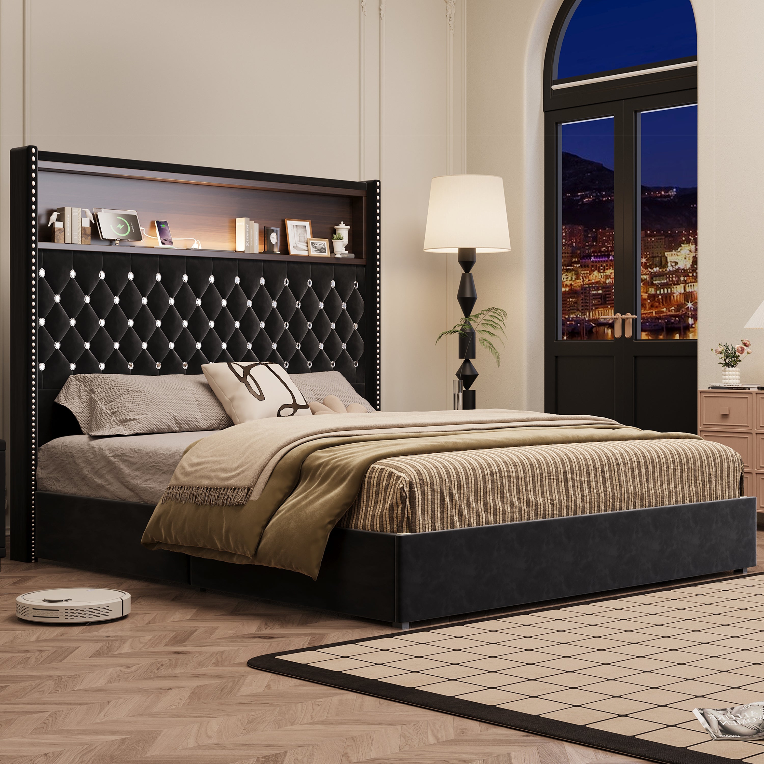 Queen Size Velvet Tufted Soft Bed Frame with USB Port and Night Light,52'' High Headboard with Rivet Decoration, Wing-back Platform Bed with Headboard Shelf, Beige