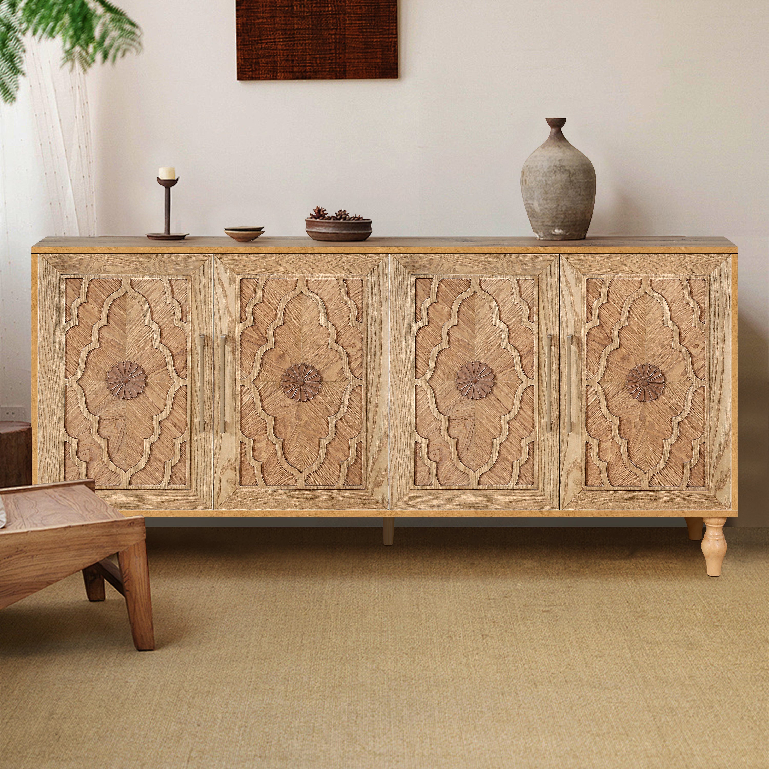 Tall natural wood storage cabinet with metal handles — angle view