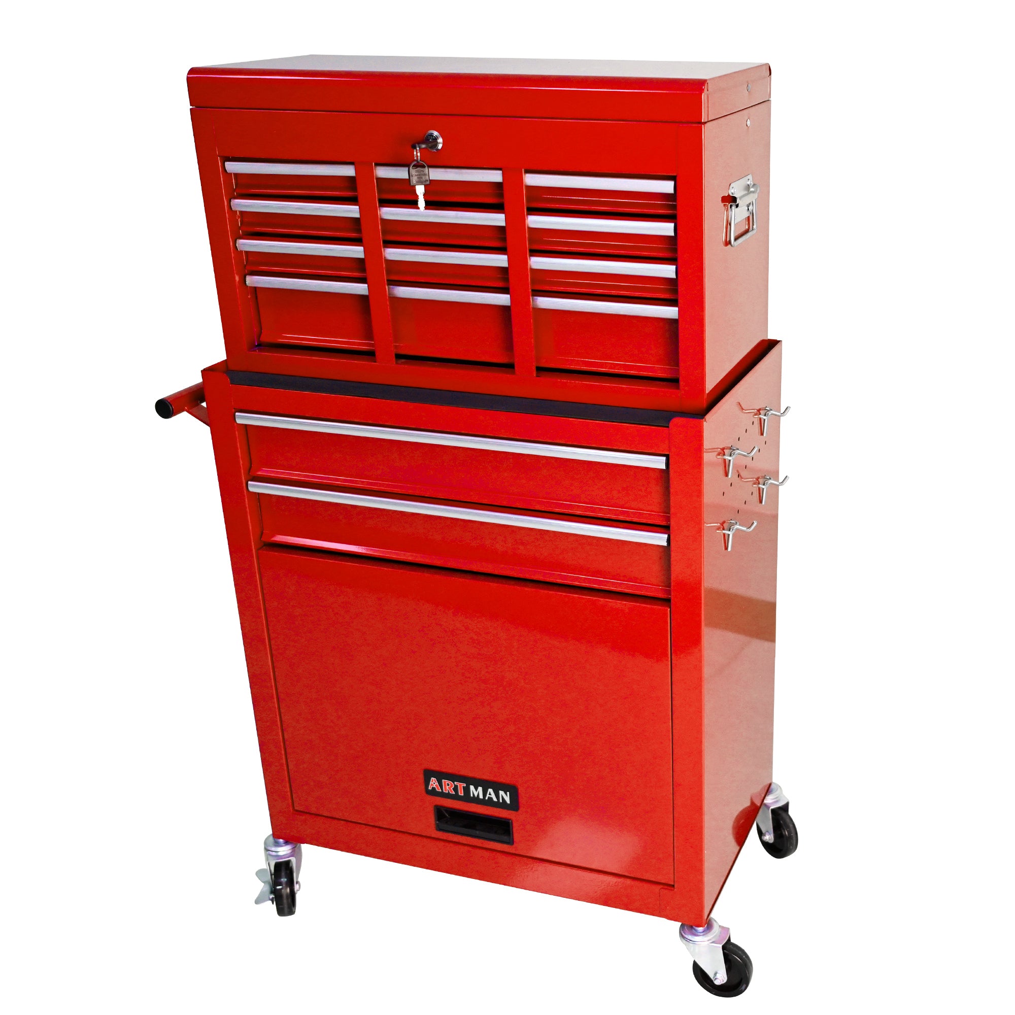 Red powder-coated steel tool cabinet drawer open