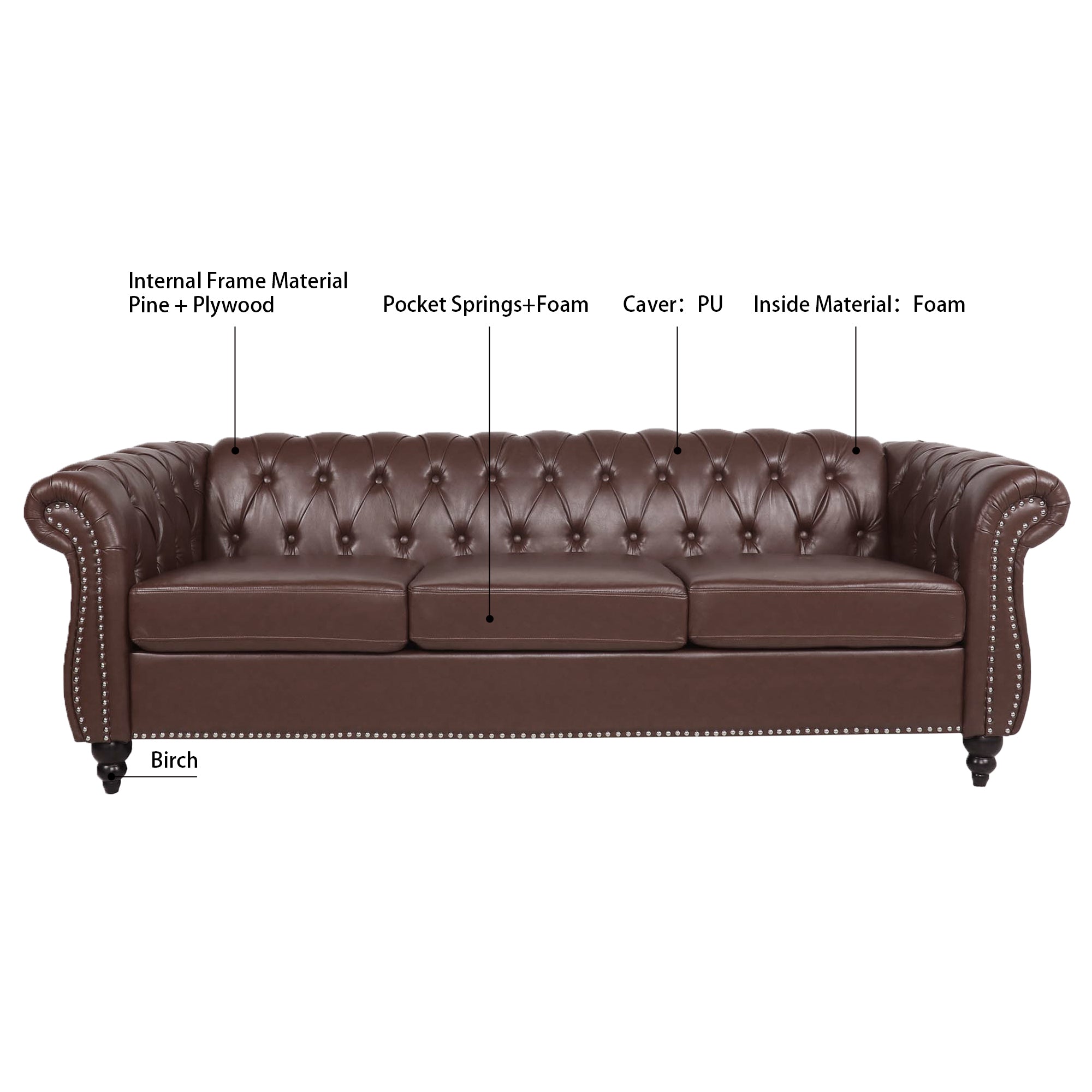 Chesterfield sofa with birch legs detail