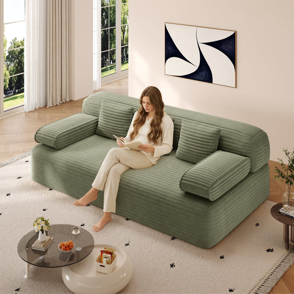 78.7' Frameless Sofa,2-in-1 Convertible Sofa Bed with 3 Pillows – Plush Corduroy Fabric, Multi-Functional 3-Seater Couch for Small Spaces, Apartments and Bedrooms,Beige