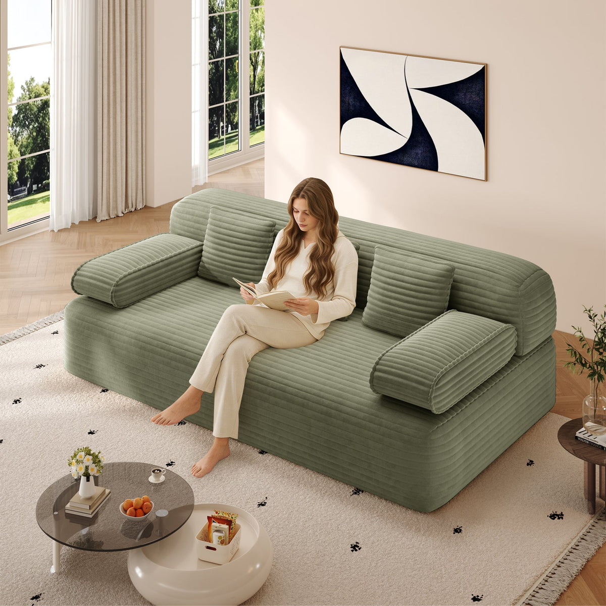 78.7' Frameless Sofa,2-in-1 Convertible Sofa Bed with 3 Pillows – Plush Corduroy Fabric, Multi-Functional 3-Seater Couch for Small Spaces, Apartments and Bedrooms,Beige