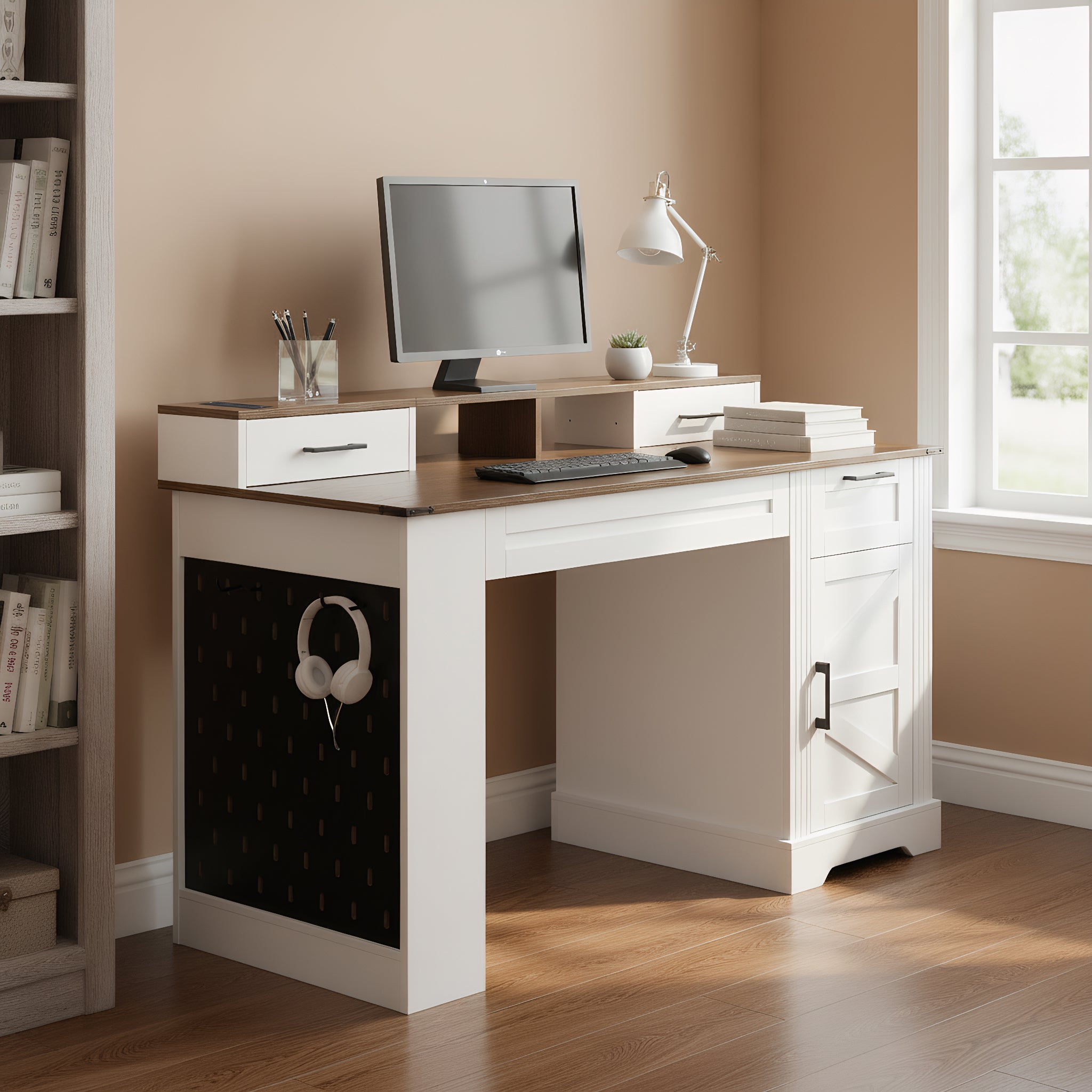 Side pegboard with movable hooks on white office desk