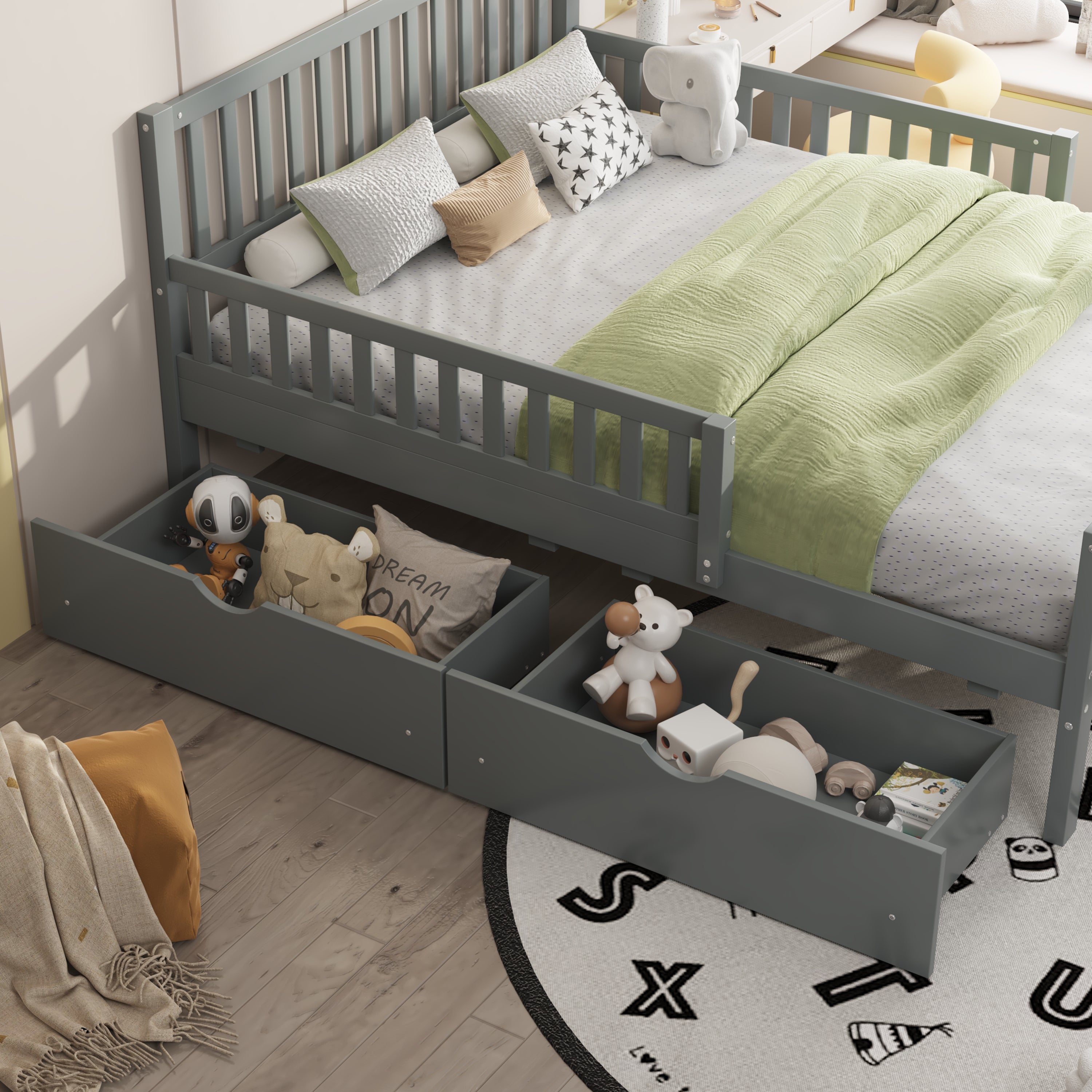 Wood platform bed with side guardrails — side profile