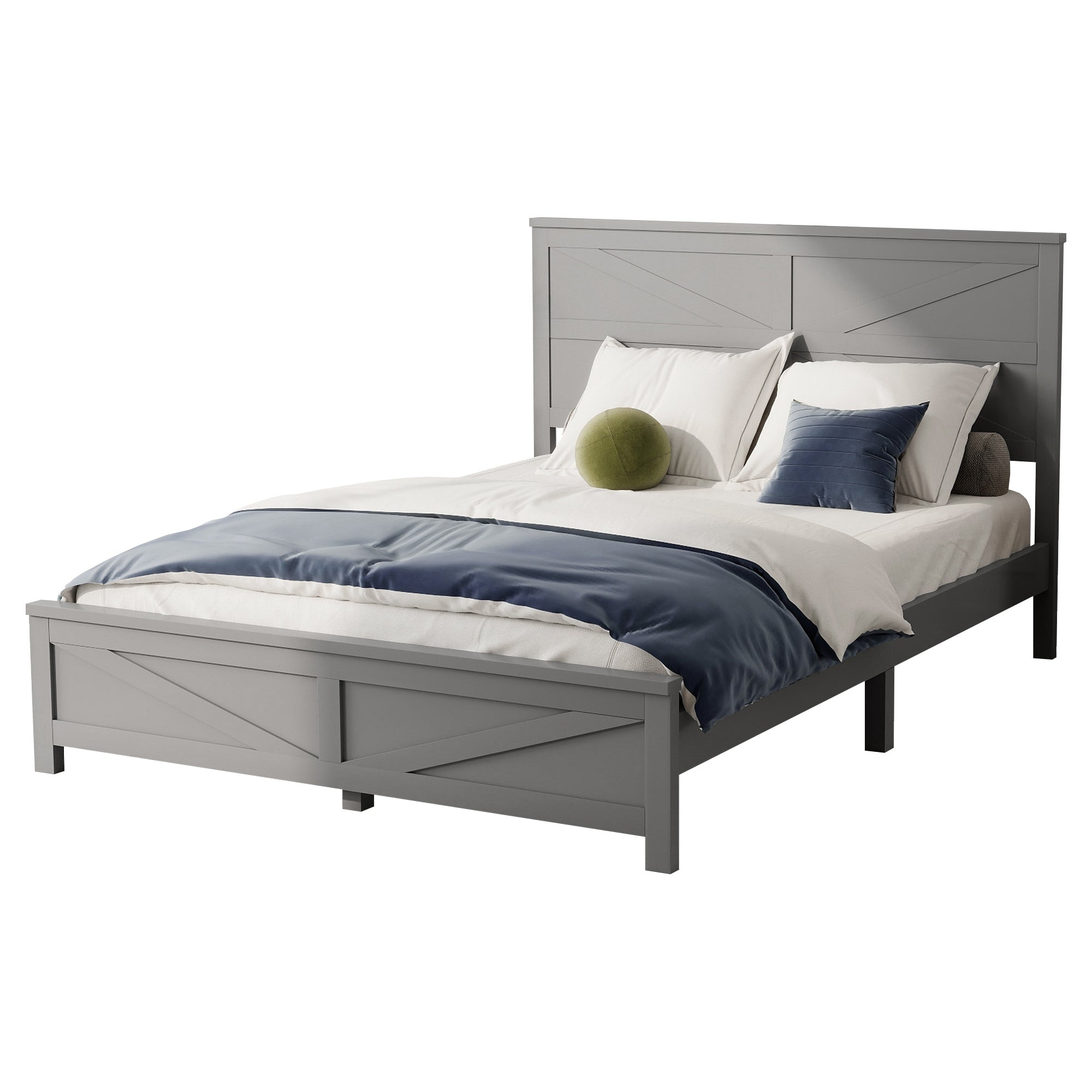 Farmhouse Style Queen Size Bed with Barn Door Designed Headboard and Footboard, Pinewood Bed with Strengthened Bed Frame ,White