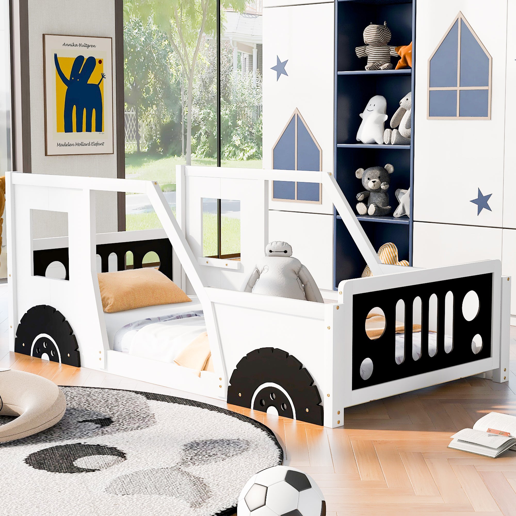 Classic car twin bed in white pine wood — angle view