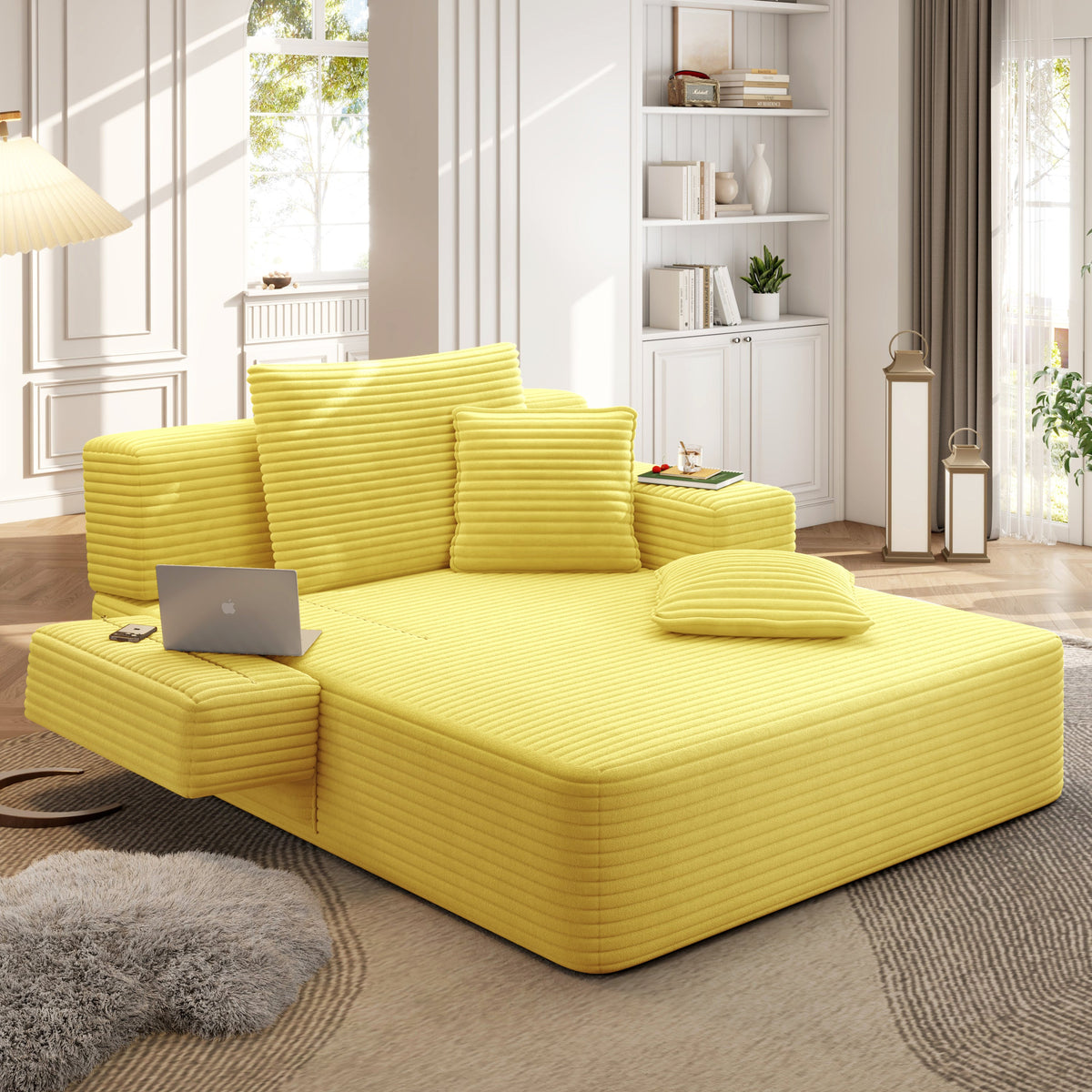 Oversized Plush Corduroy Chaise Lounge Sofa Bed,Convertible Sleeper Couch Bed w/ Storage Pockets,3 Soft Pillows,Multi-Functional Frameless Sofa Couch for Apartment,Home Theater,Guest Room,Beige&White