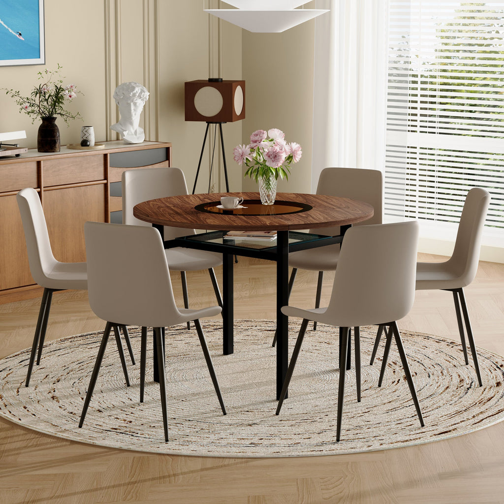 Table and chair set.42 inch modern minimalist brown wood grain round dining table set.Paired with 6 Black Artificial PU Chairs With Curved Widened Cushion Design. Suitable for dining rooms,office,etc.