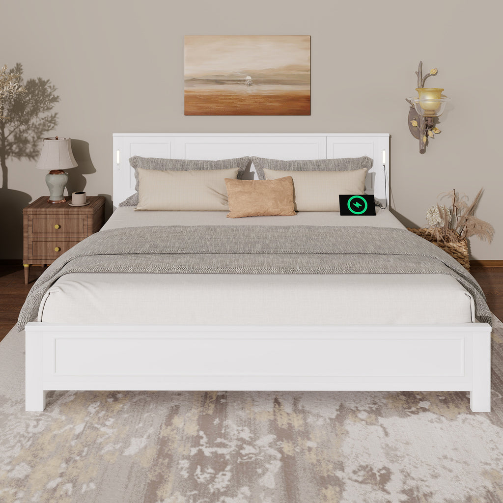 King Size Bed with Tall-Panel Headboard & Footboard, Built-in LED Lights, USB Charging Station, Pinewood Bed with Strengthened Bed Frame ,White