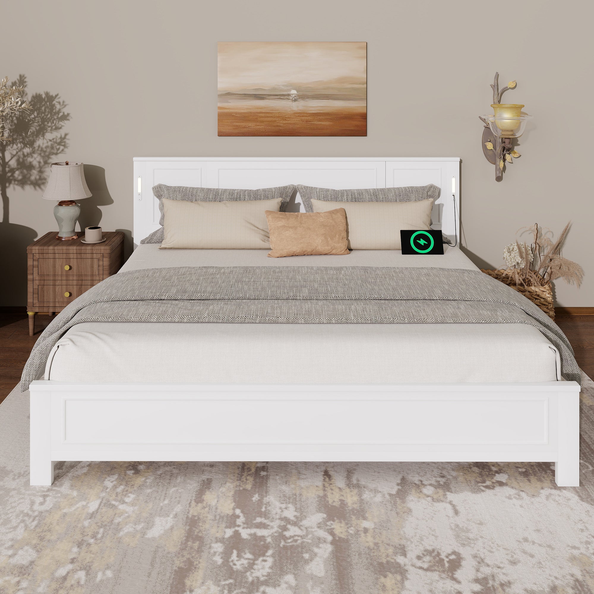 King Size Bed with Tall-Panel Headboard & Footboard, Built-in LED Lights, USB Charging Station, Pinewood Bed with Strengthened Bed Frame ,White