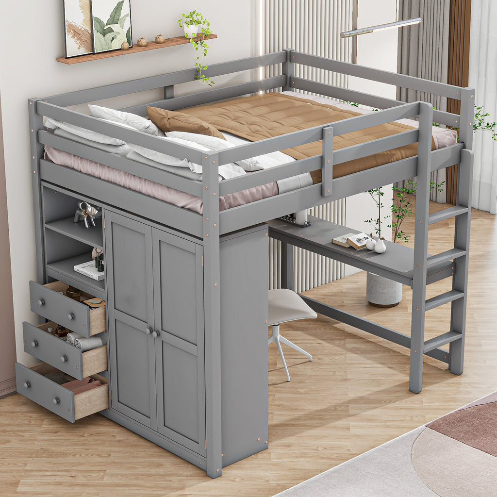 Full size loft bed in gray pine wood — angle view