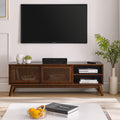 Walnut mid-century rattan TV stand — front view