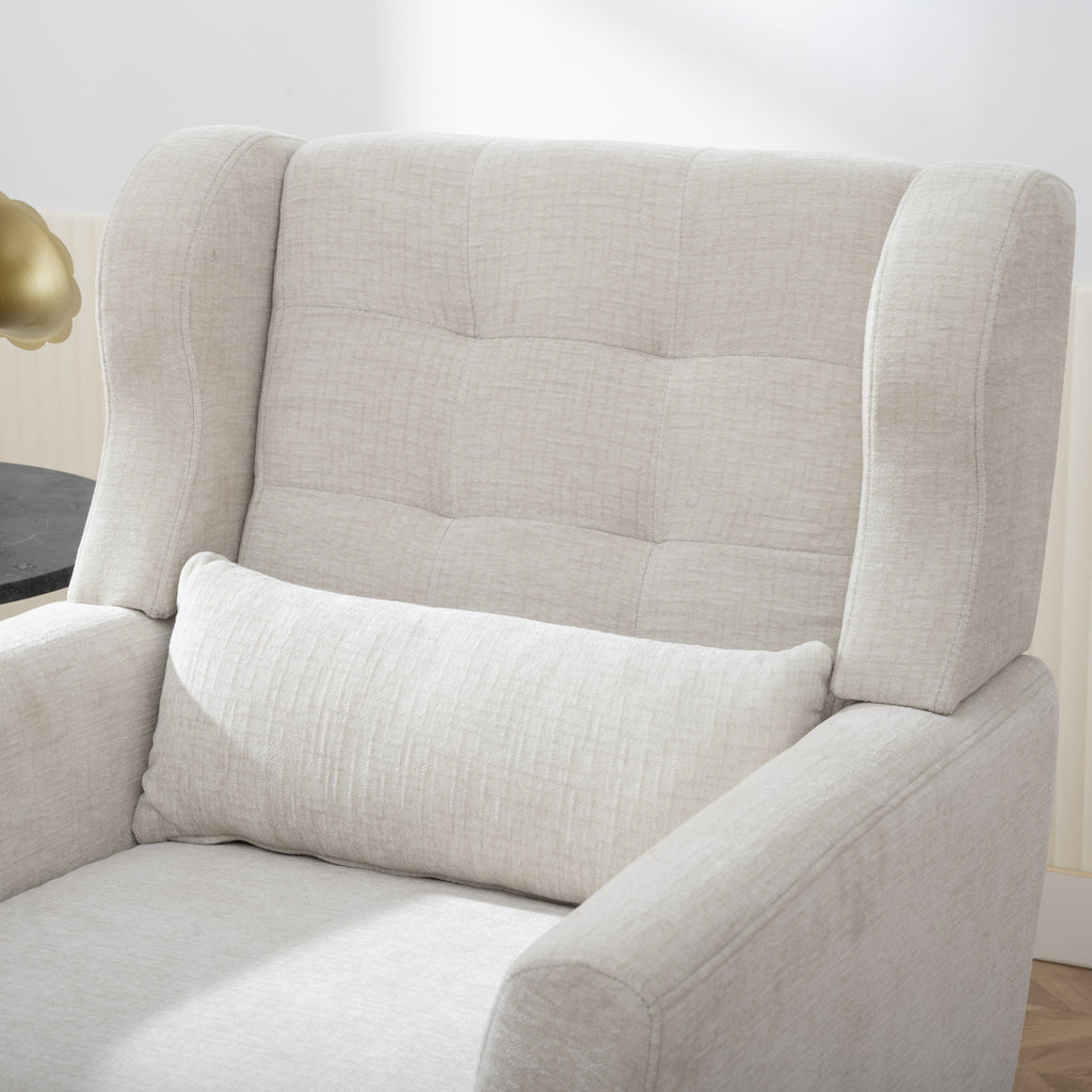 Beige chenille reading chair with foam cushioning