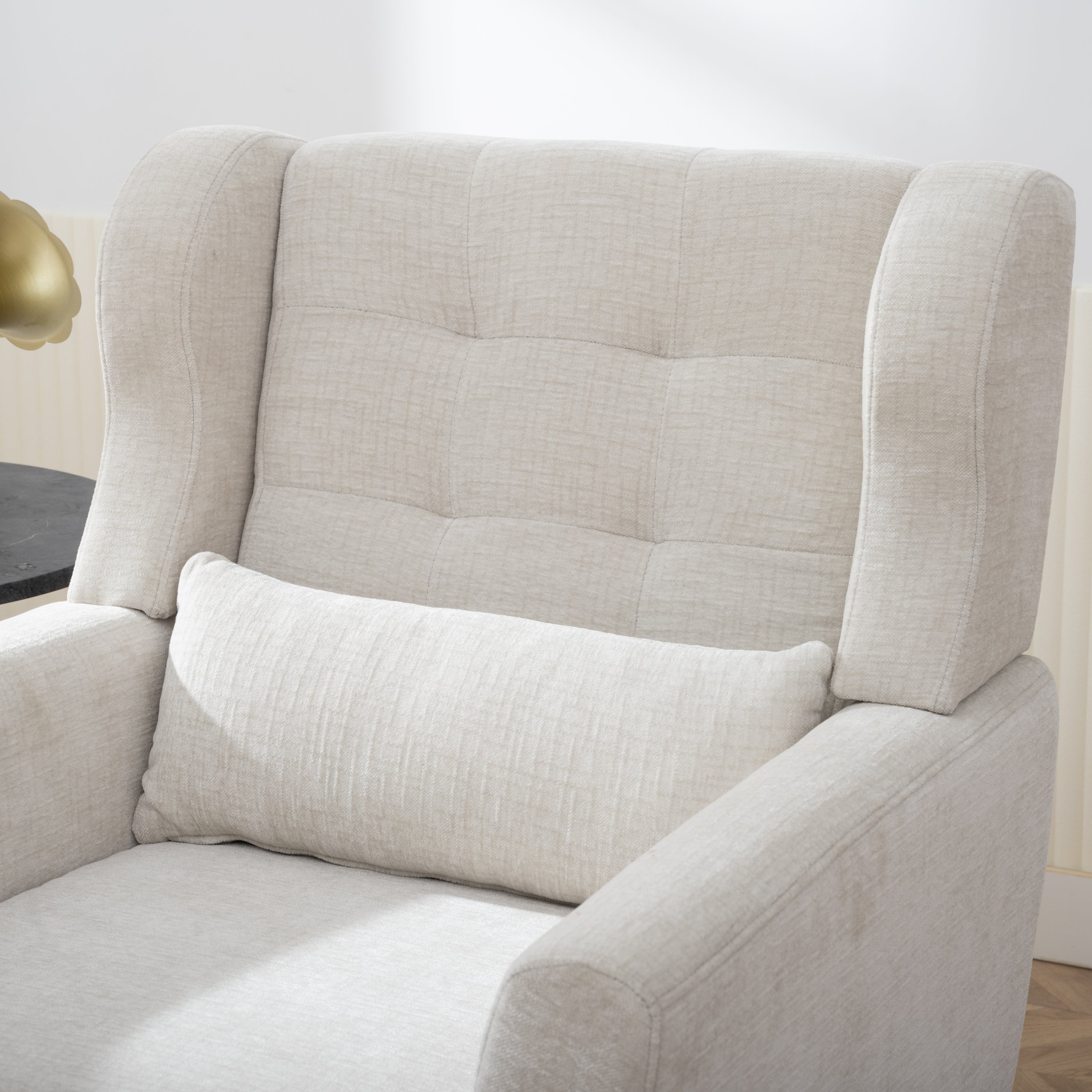 Beige chenille reading chair with foam cushioning