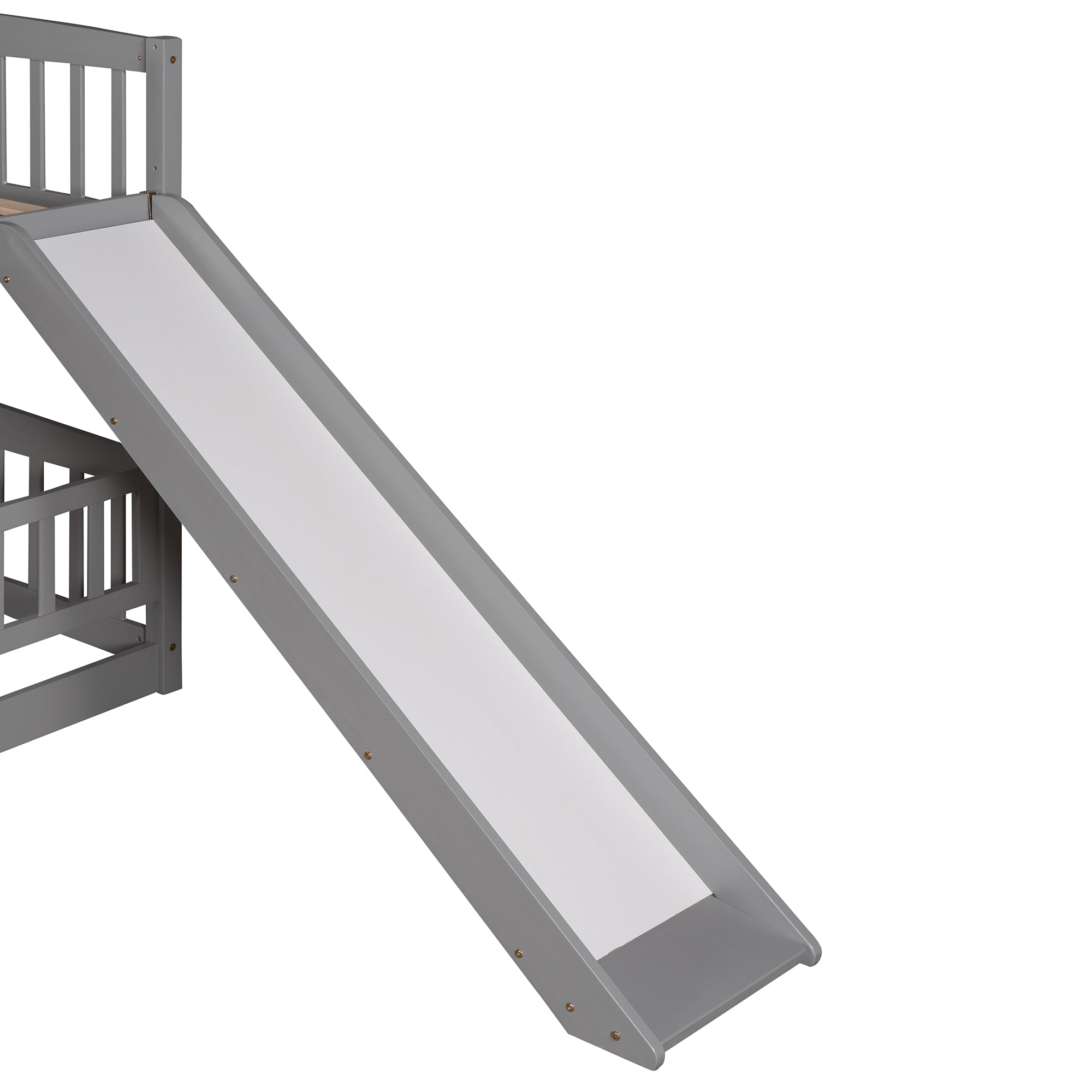 Full over full low bunk bed in gray — bedroom setting