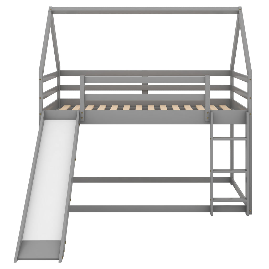 Gray house-shape bunk bed assembly and dimension reference