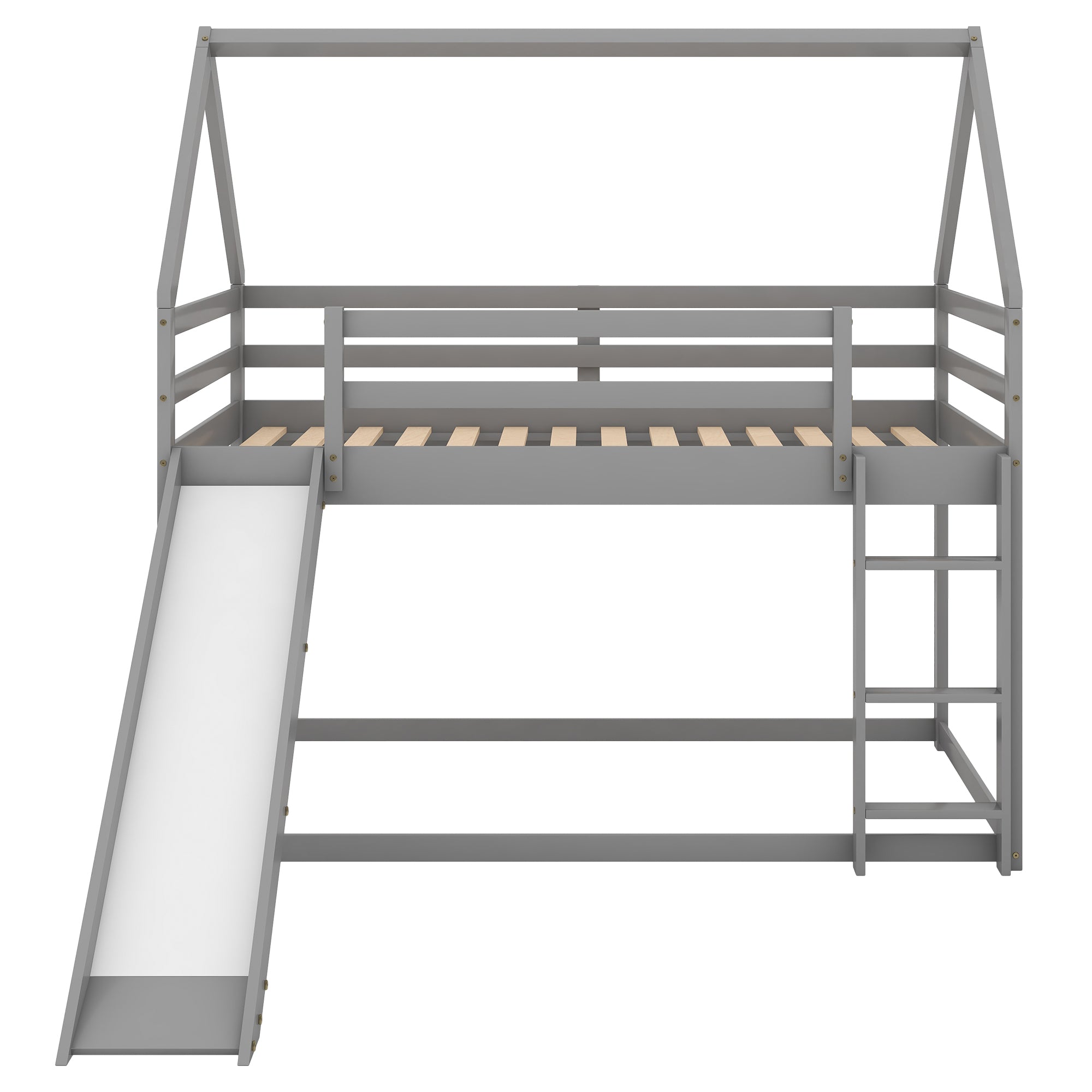 Gray house-shape bunk bed assembly and dimension reference