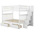 White full over full bunk bed with two drawers and storage — front view