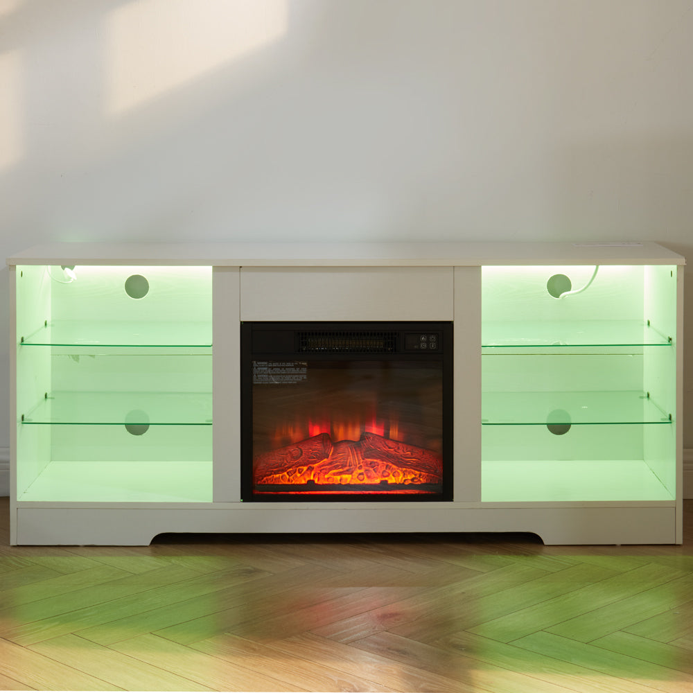 TV Stand with Electric Fireplace — Glass Shelves & USB Outlets for TVs Up to 62"